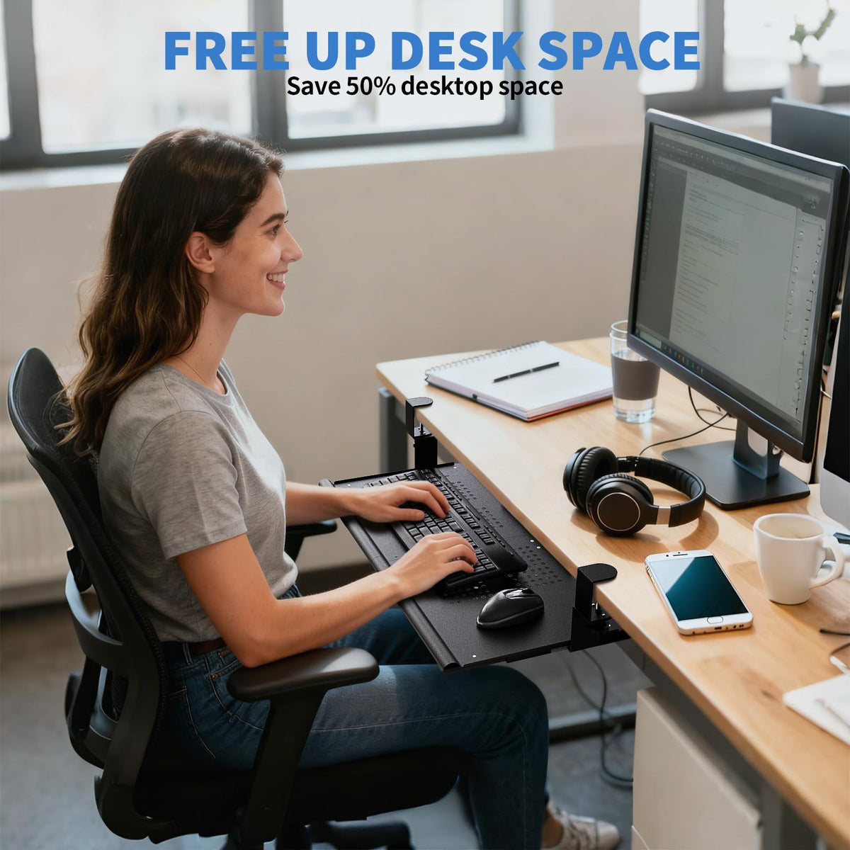 Strifuture Keyboard Tray Under Desk - Full Metal Slide Out Holder, Rust-Resistant & Scratch-Proof, Double C-Clamps, 26x13" Tray for L Shape/Regular Desks, Standing/Sitting Workstation(Black-B)