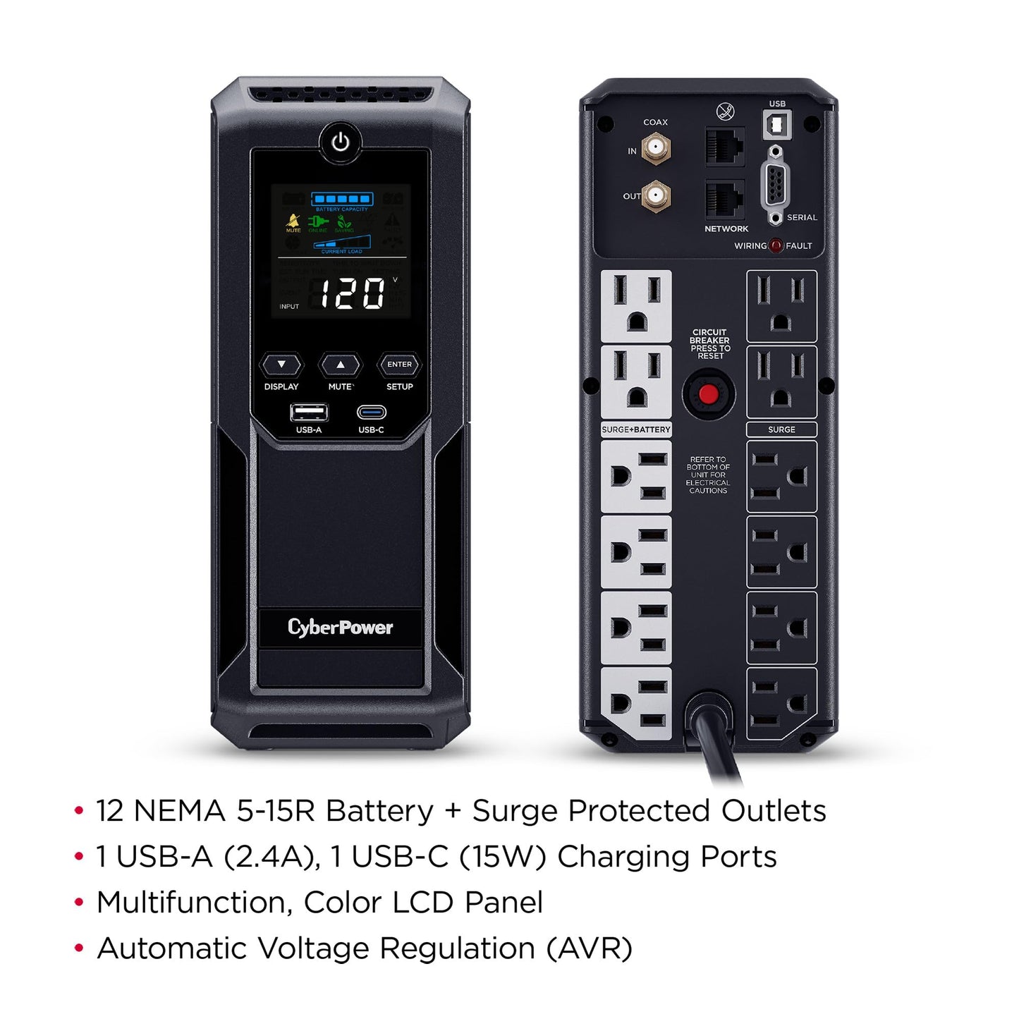 CyberPower CP1500AVRLCD3 Intelligent LCD UPS System, 1500VA/900W, 12 Outlets, 2 USB Ports, AVR, Mini Tower, Black