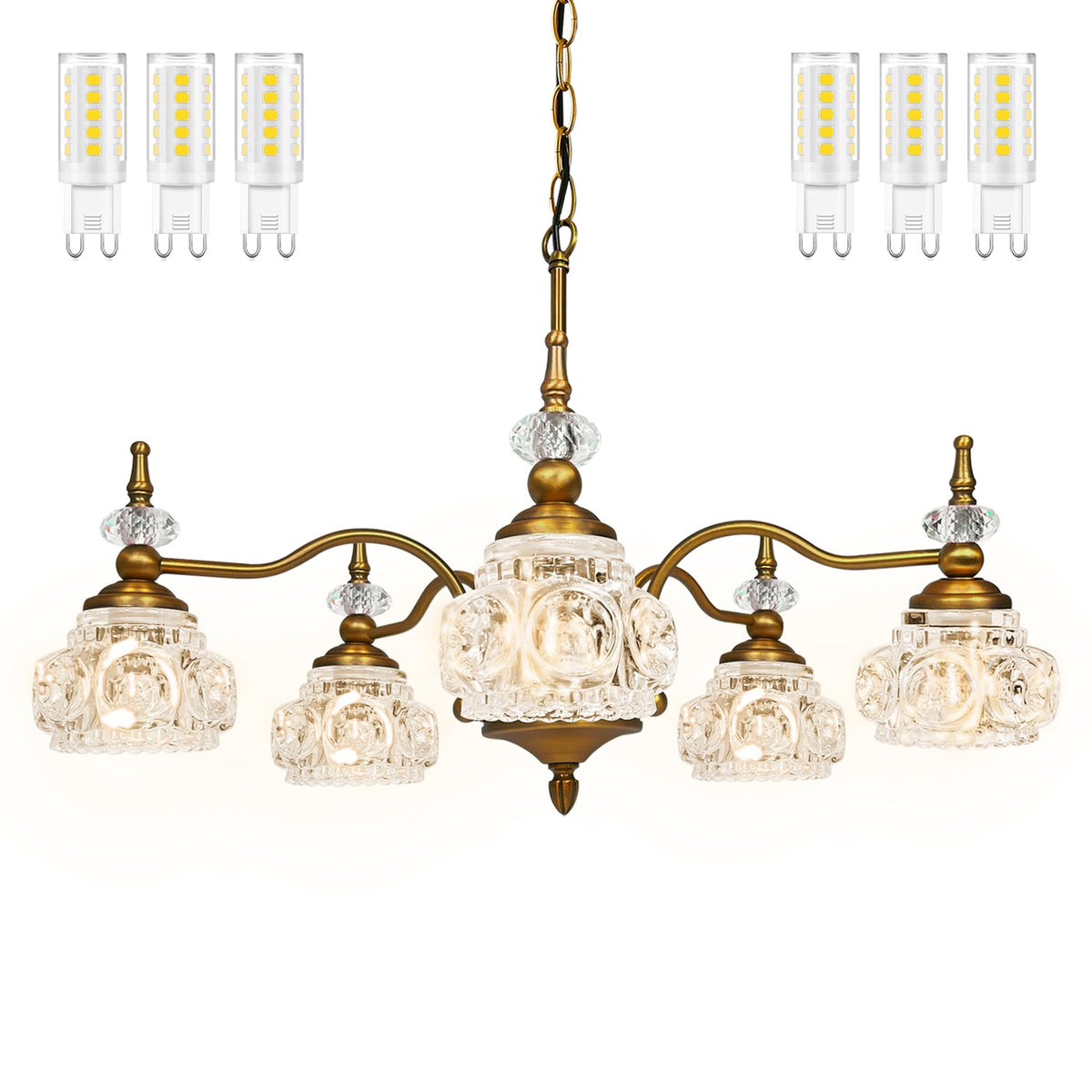 Montex Brass Pendant Light Fixture, Gold Vintage Chandelier Light Fixture 5 Lights, Include 6 Light Bulbs Glass Pendant Light Crystal Hanging Light