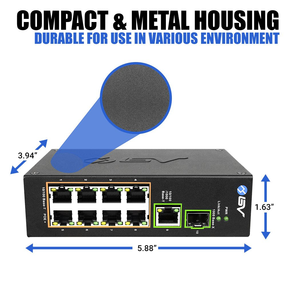 BV-Tech 8-Port Industrial PoE+ Switch (POE-SW802-DIN) | 2X 90W BT, Gigabit Uplink & SFP | PoE Watchdog & 250m Long Distance | Unmanaged DIN-Rail Power Over Ethernet for IP Cameras & APs