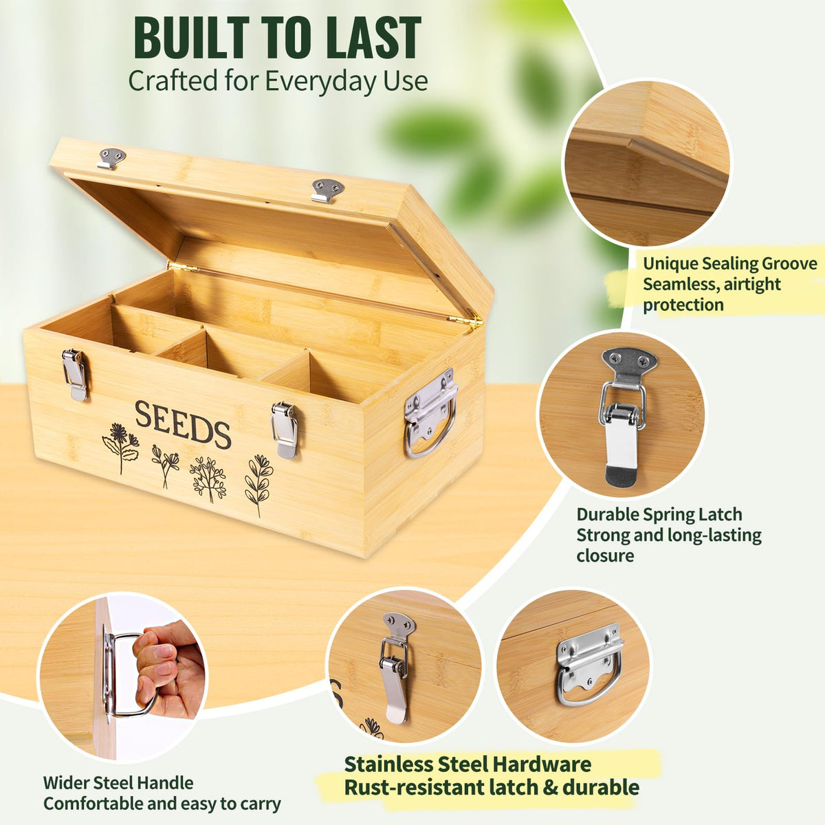 Intarsio Large Bamboo Wood Seed Storage Organizer Box with Lid,Double-Layer Seal Design Seed Saving Box with 304 Stainless Steel Safety Lock,Handles,Extra Seed Envelopes and Labels (Wood)
