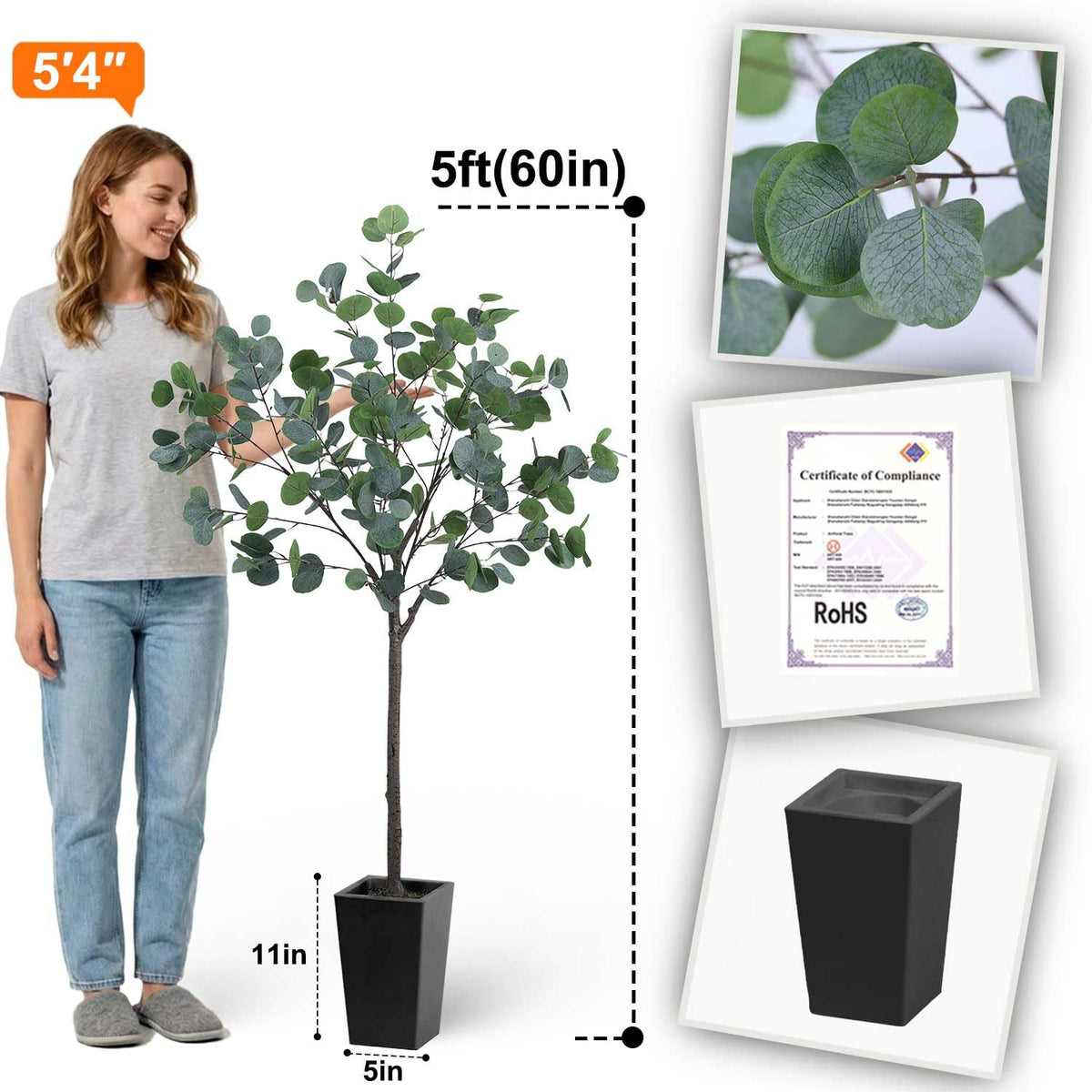 Aveyas 5ft Artificial Eucalyptus Tree for Home Decor, 5 ft Large Faux Floor Plant Fake Silk Trees with Pot for Indoor Outdoor House Living Room Office (5 Feet Tall Including Raised Pot)