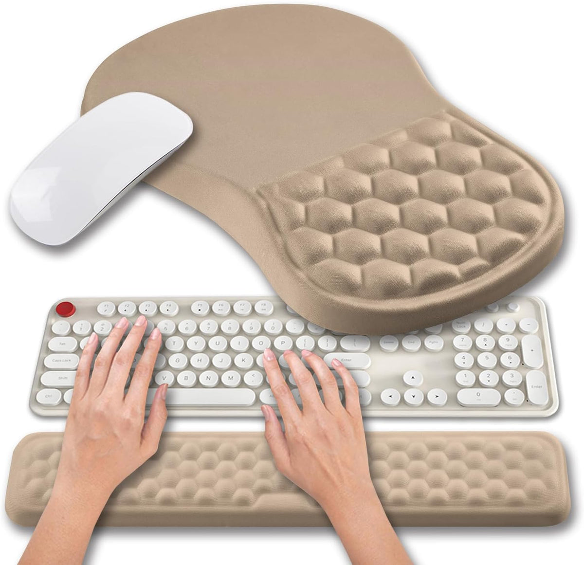 Hokafenle 2 in 1 Ergonomic Mouse Pad Wrist Support & Wrist Rest for Computer Keyboard Set, with Relieve Carpal Tunnel Pain Massage Bulge and Full Memory Gel Design (2In1 Set, Sand Color)