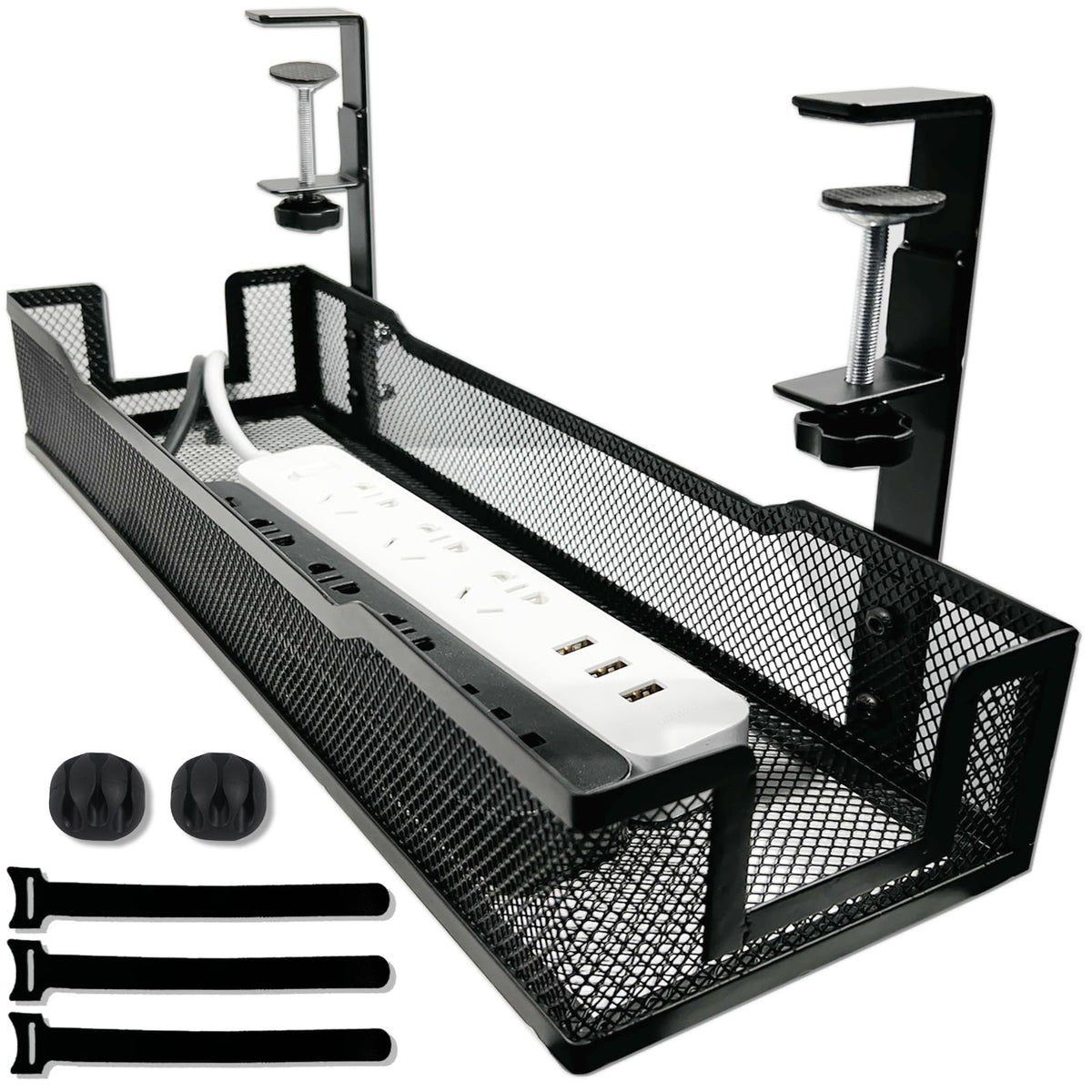 No Drill Under Desk Cable Management Tray with clamp-Premium Wire Tray Cord Organizer – Thin Steel Cable Tray Basket with Charger Holder for Desk–Black Cable Management Box–Easy to Install