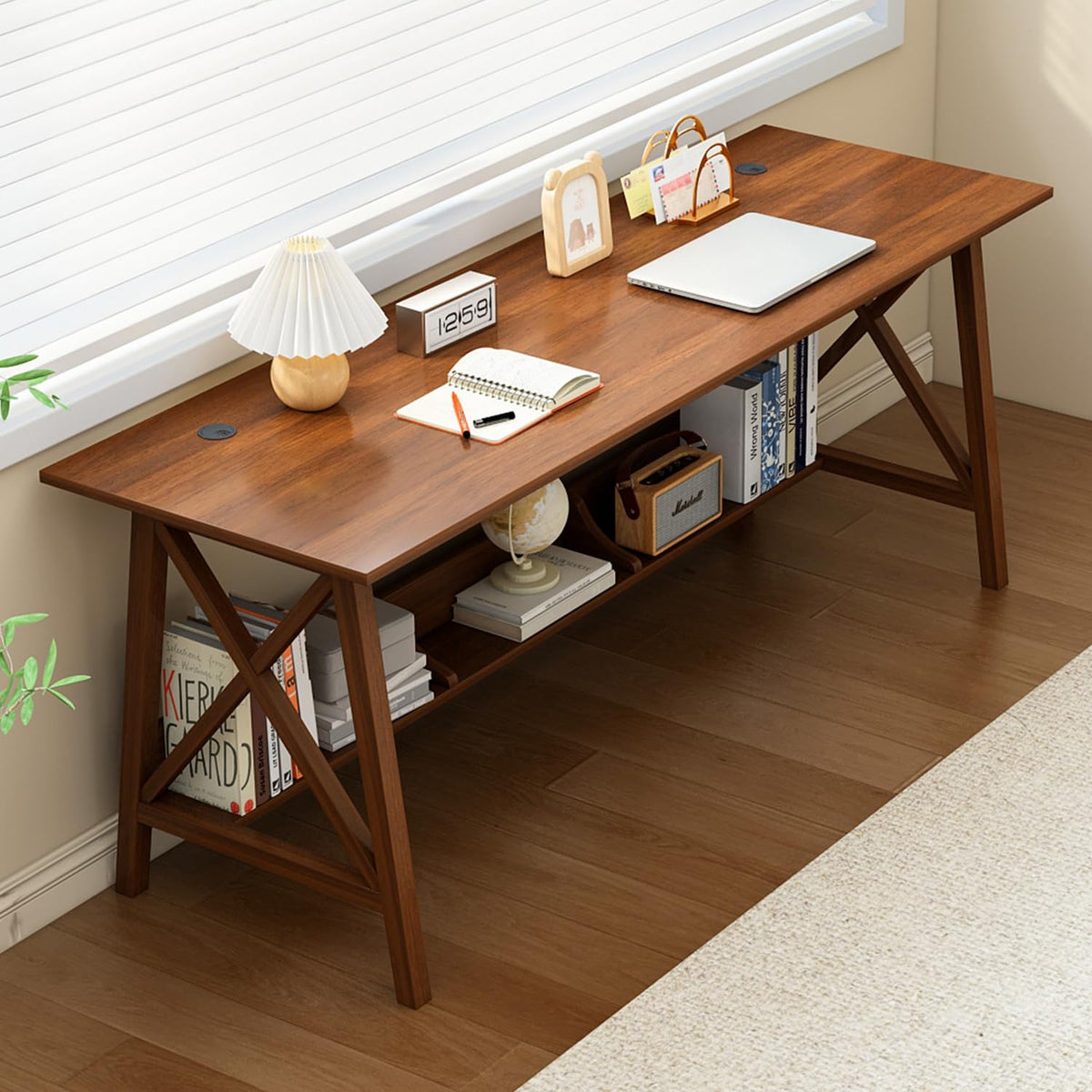 NELYE Extra Long Desk with Bookshelf - Wooden Home Office Work Study Table, 2-Person Writing Computer Workstation with Storage Shelf in Walnut, 63" Wx20 Dx30 H
