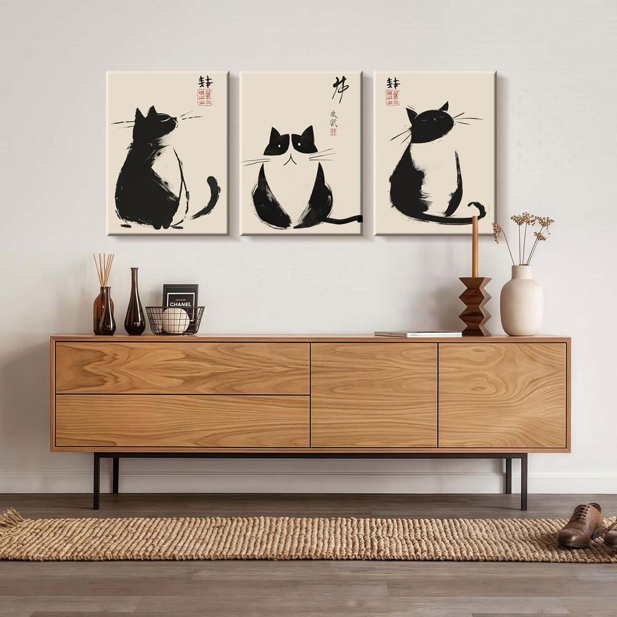 3Pcs Framed Black Cat Japanese Zen Ink Style Cute Funny Animal Wall Art Decor Canvas Print Picture Poster Gallery Bathroom Bedroom Living Room Office 12x16 Inch Ready to Hang