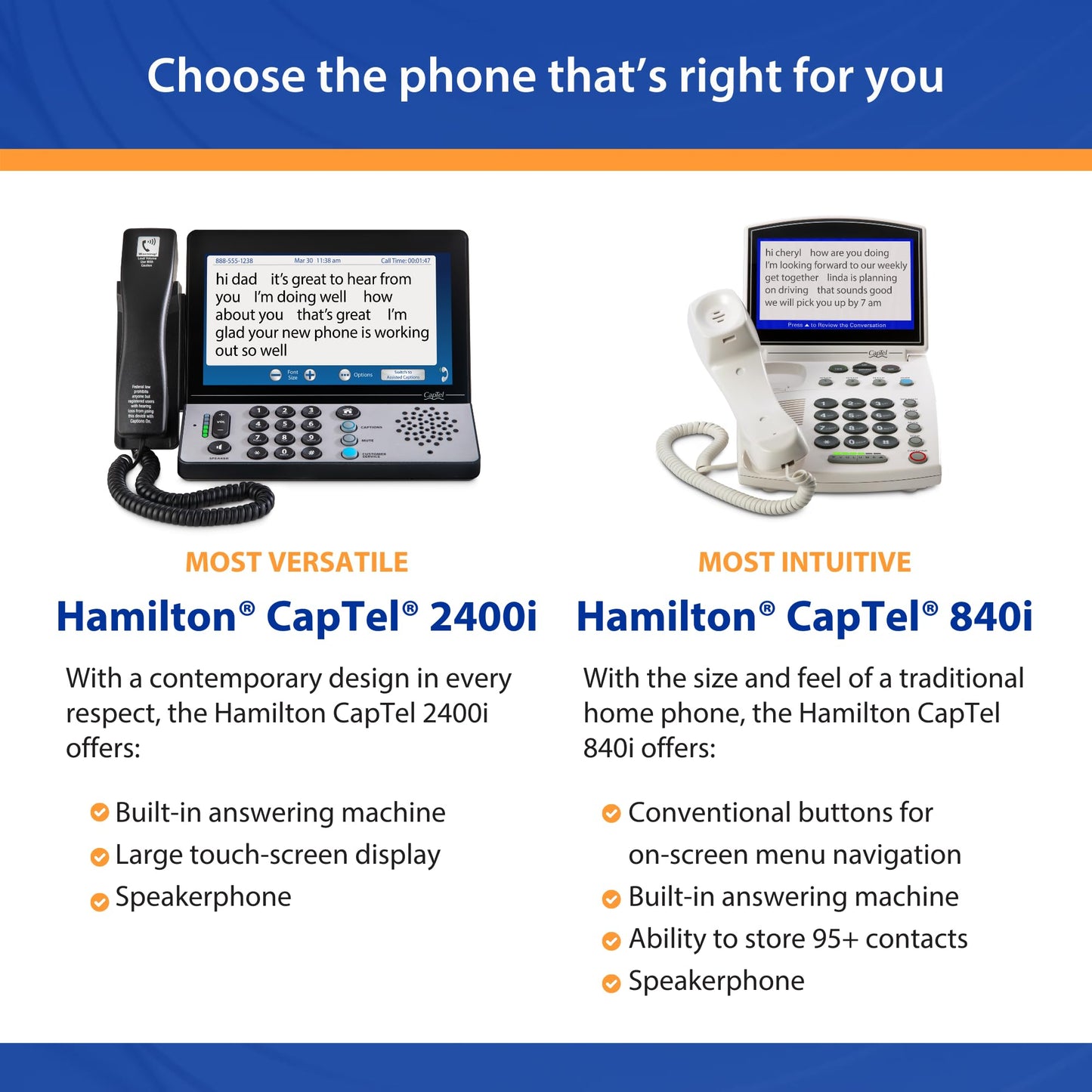 Hamilton CapTel 2400iSPNBT Captioned Telephone, Hearing Impaired Phones, Volume Control with up to 40dB Amplification Gain, Large Touch Screen Display, Wi-Fi Capable, Answering Machine & Speakerphone