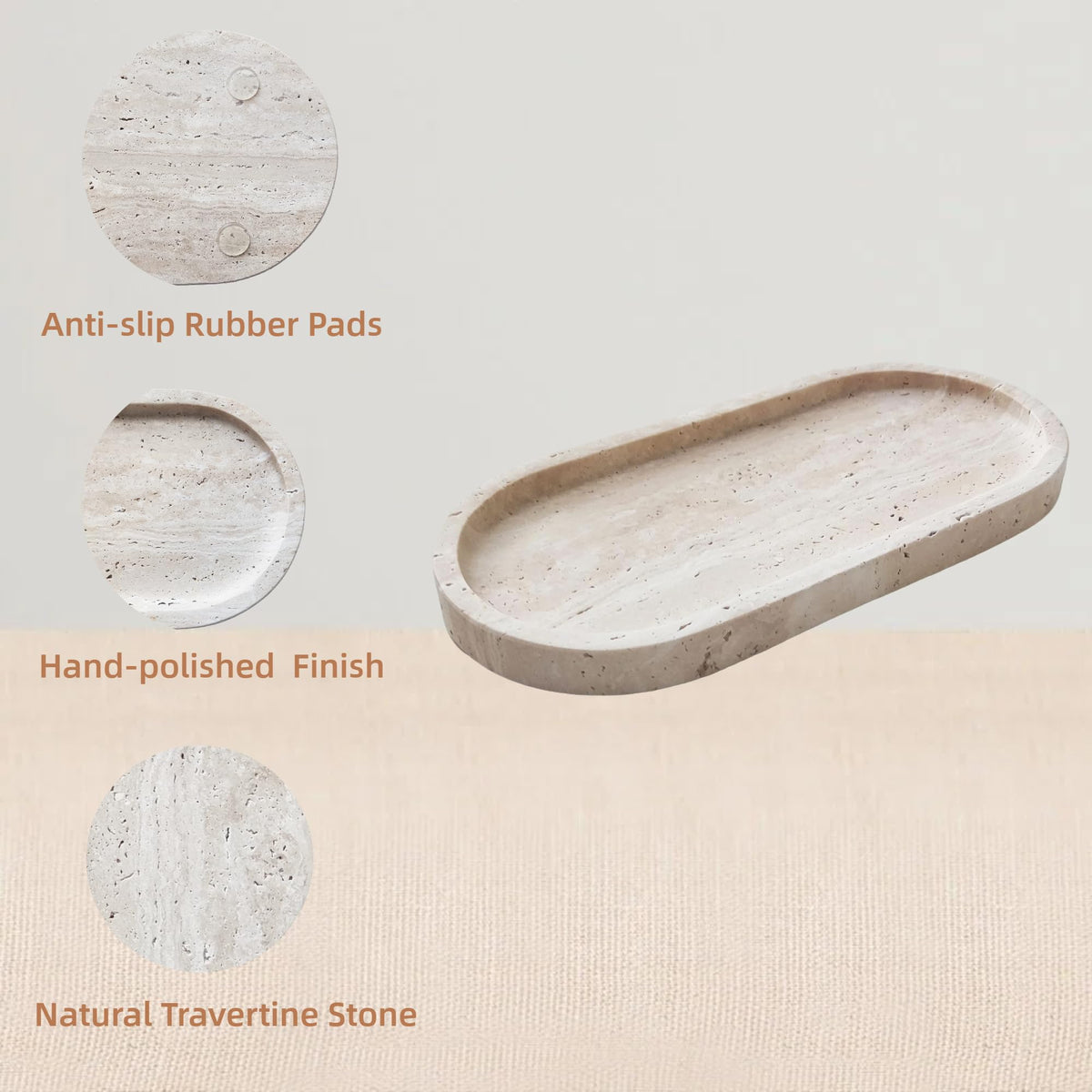 GEOONA Oval Travertine Tray 4.8 in x 9.8 in for Bathroom Dresser Countertop Organizer, Natural Marble Vanity Tray for Perfume, Candles, Ring, Decorative Jewelry Dish