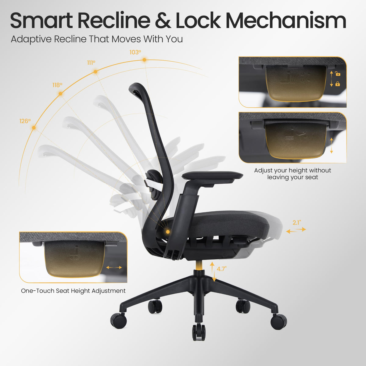 COLAMY Aether Executive Office Chair for Long Hours, One-Touch Easy Adjust Managerial Desk Chair with Levitating Seat Cushion & Pilot-Level Sync Armrests, 300 LBS Mid Back Mesh Computer Chair,Black