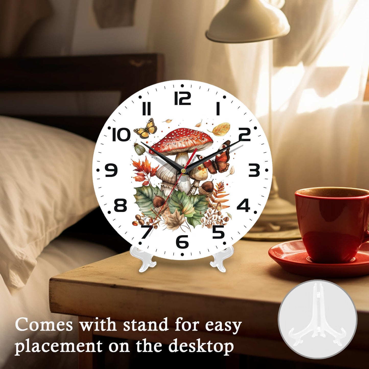 ENUIEO Wall Clock, 10 Inch Silent Non-Ticking Home Kitchen Decor, Battery Operated for Bathroom Bedroom Living Room Office(Mushroom Butterfly)