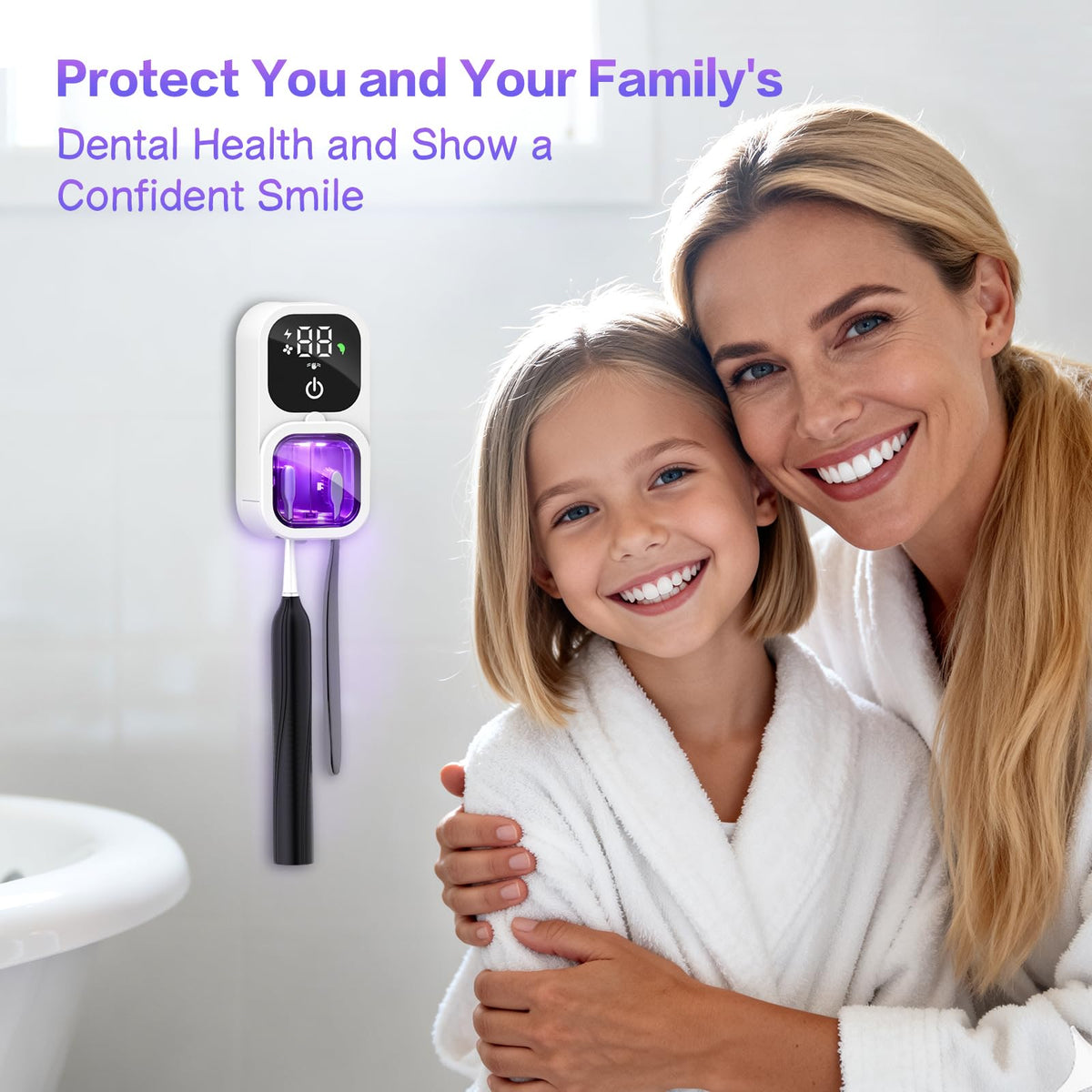 Toothbrush Sanitizer, Wall Mounted Toothbrush Holder & Toothbrush Cleaner, 4UVC Lights Cleaning, 2300mAh High-Capacity Battery, Auto-inductive Cover, Rechargeable Toothbrush Holders for Bathrooms, RV