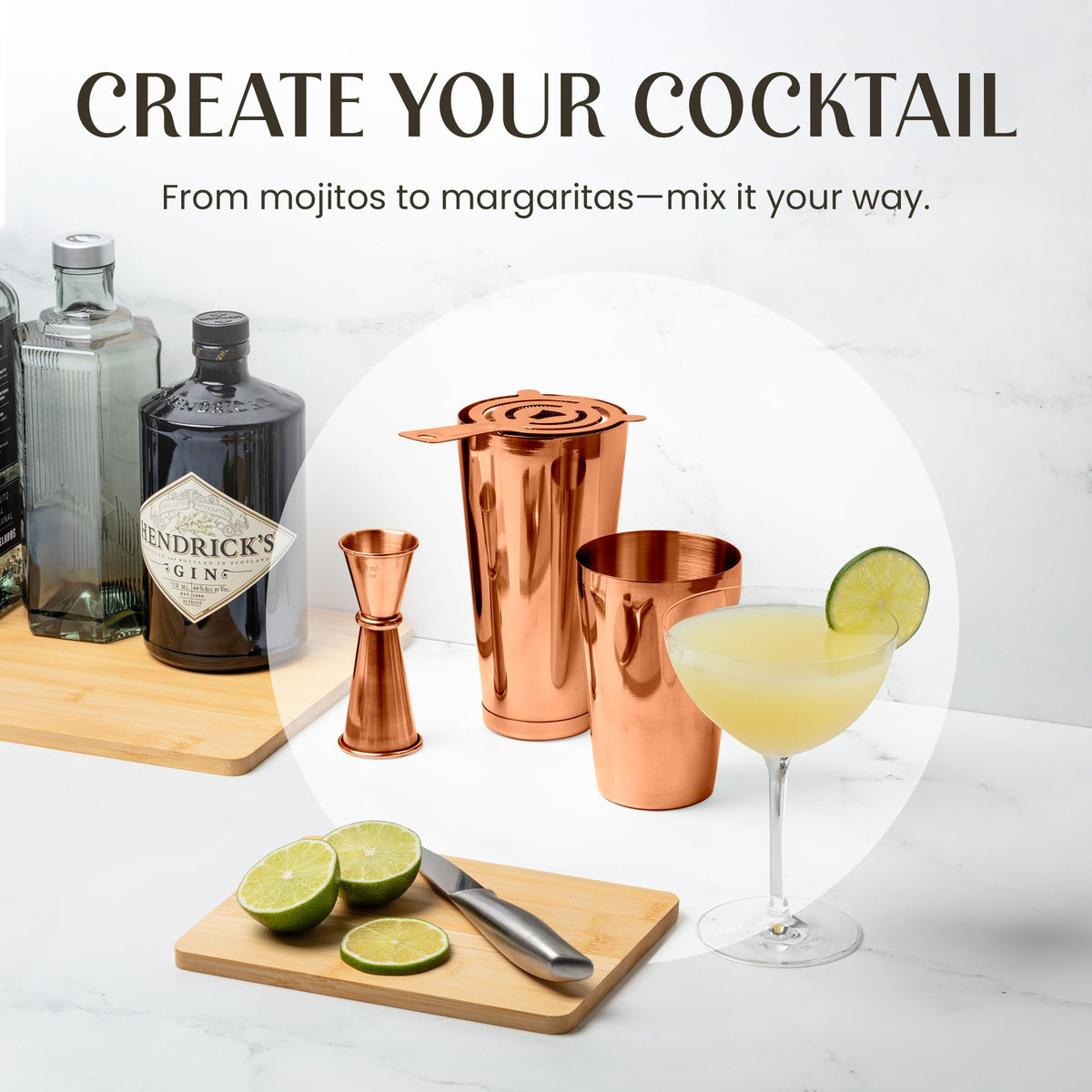 Mixology & Craft Cocktail Shaker Set Boston Shaker, Strainer and Japanese Jigger, Portable Bar Set for Home Bartending (Copper)