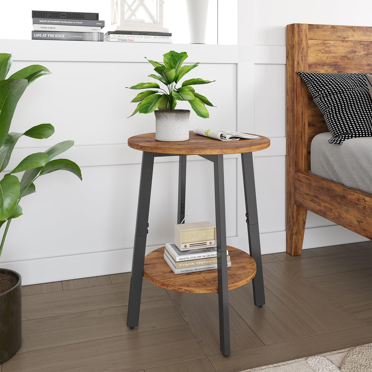 sthmec Side Table, Small Round End Table with Storage Shelf for Small Space, 2-Tier Bedside Table Sofa Couch Table, Round Accent Table Nighstands for Living Room, Bedroom, Rustic Brown