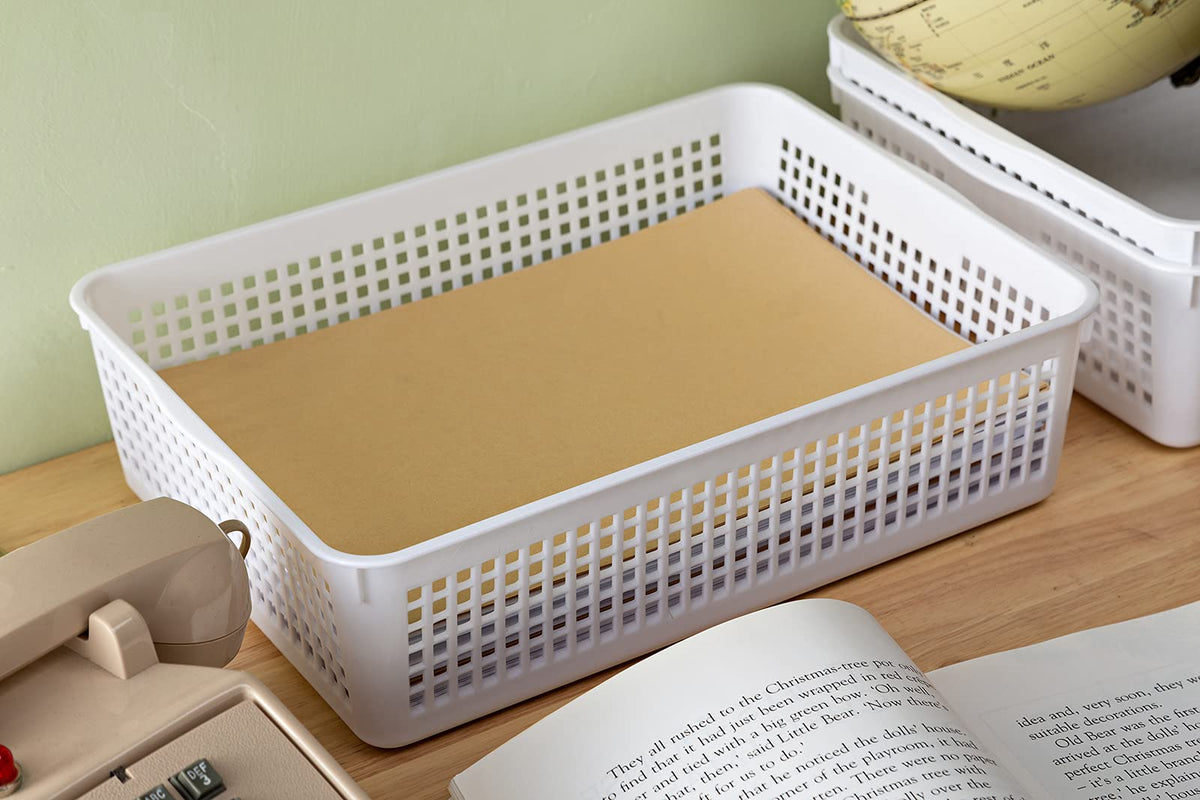 Eslite A4 Size Plastic Storage Basket,Desktop File Paper Letter Organizer Tray, 6-Packs (White)
