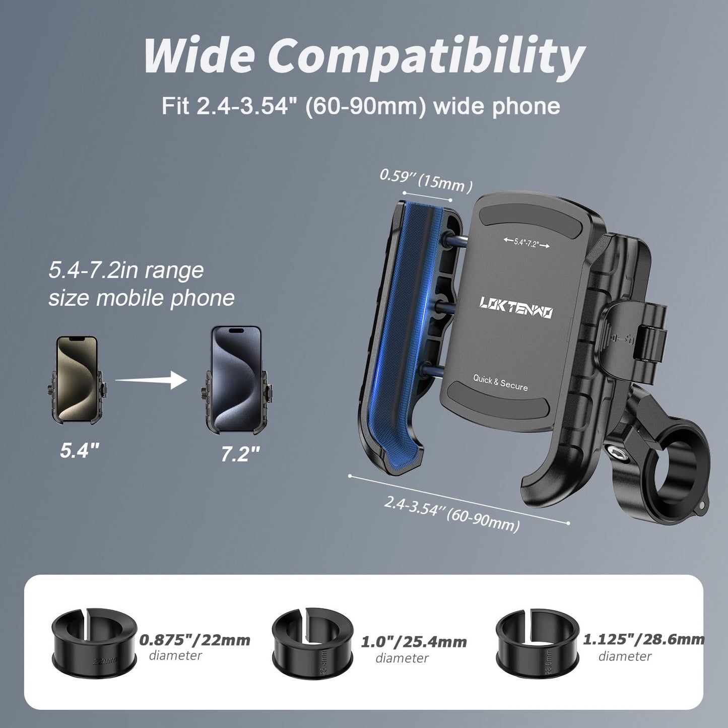 LOKTENWO Bike Motorcycle Phone Mount with Aluminum Alloy Mounting Base, [1s Lock & Release] [Camera Friendly] Bicycle Handlebar Cell Phone Holder for Scooter ATV, Fit 5.4-7.2" Smartphone