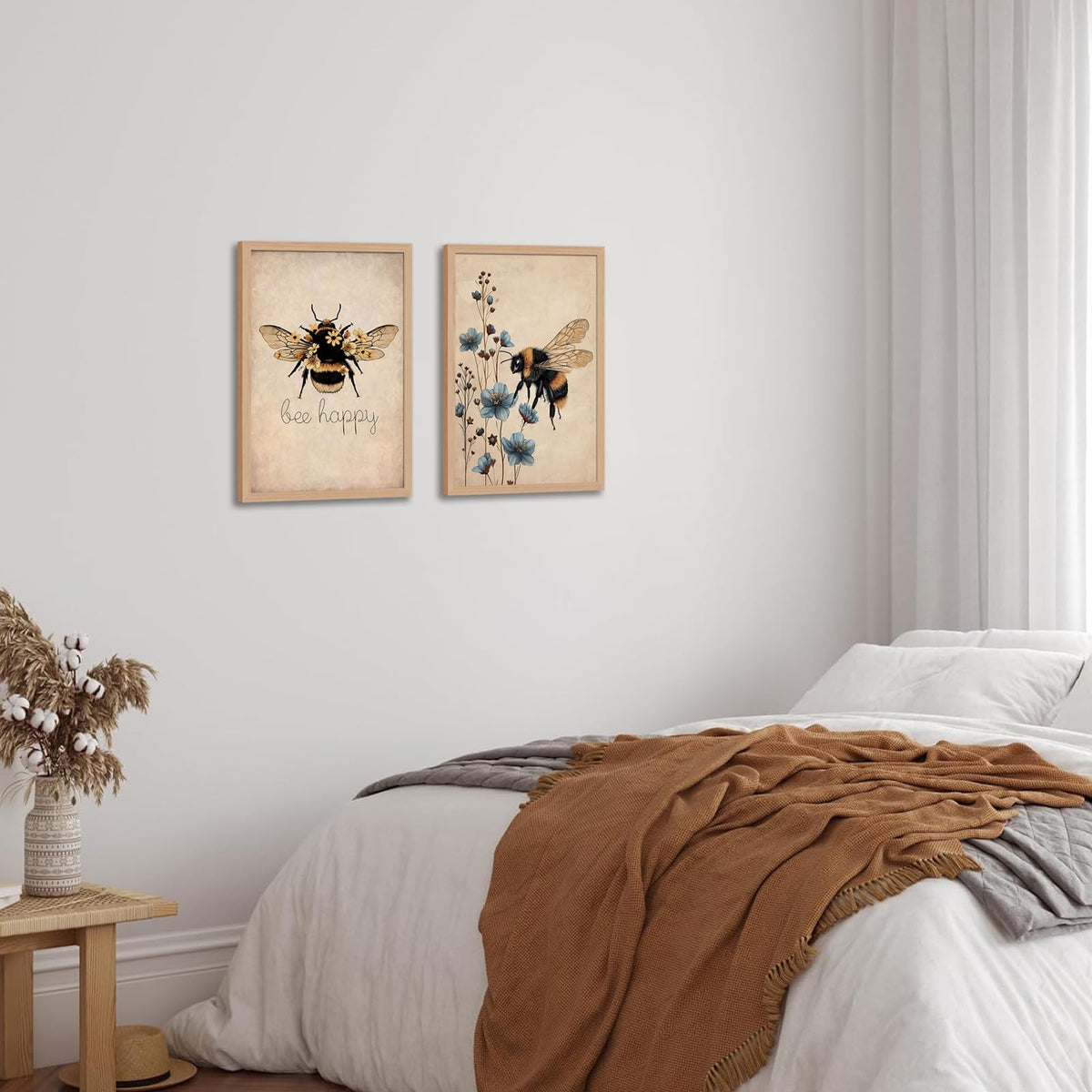 CVXHKH 2Pcs Bee Happy Framed Bumblebee and Flower Canvas Wall Art, Bee Lover Gift Rustic Nature Artwork Inspirational Botanical Picture, Cute Insect Artwork for Living Room, Bedroom, Office 12x16in