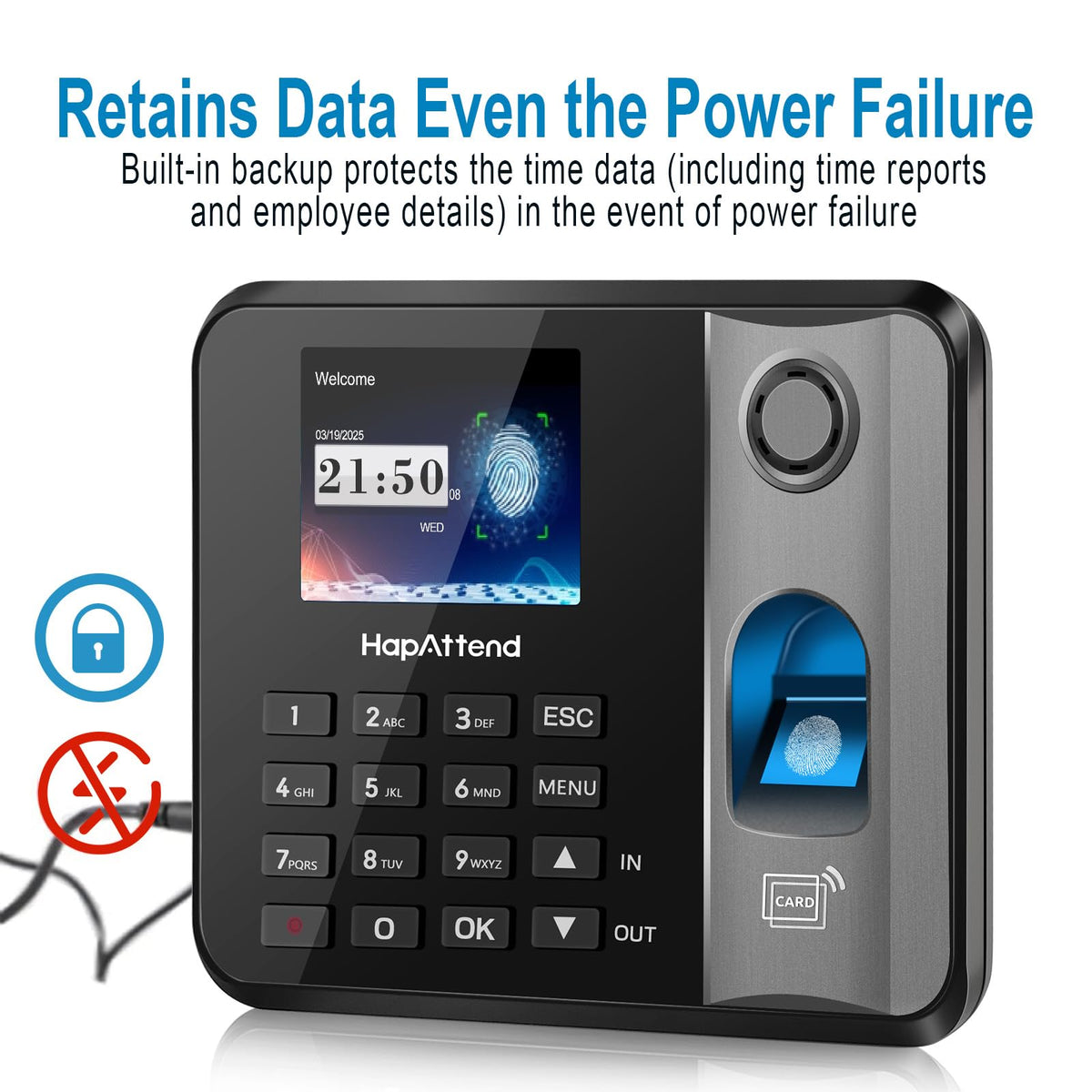 HapAttend Time Clock - Fingerprint Time Clocks for Employees Small Business Automatic Calculate Hours, No WiFi H1 Standalone Biometric Clock in Machine for Employees with 5 RFID Cards (0 Monthly Fees)