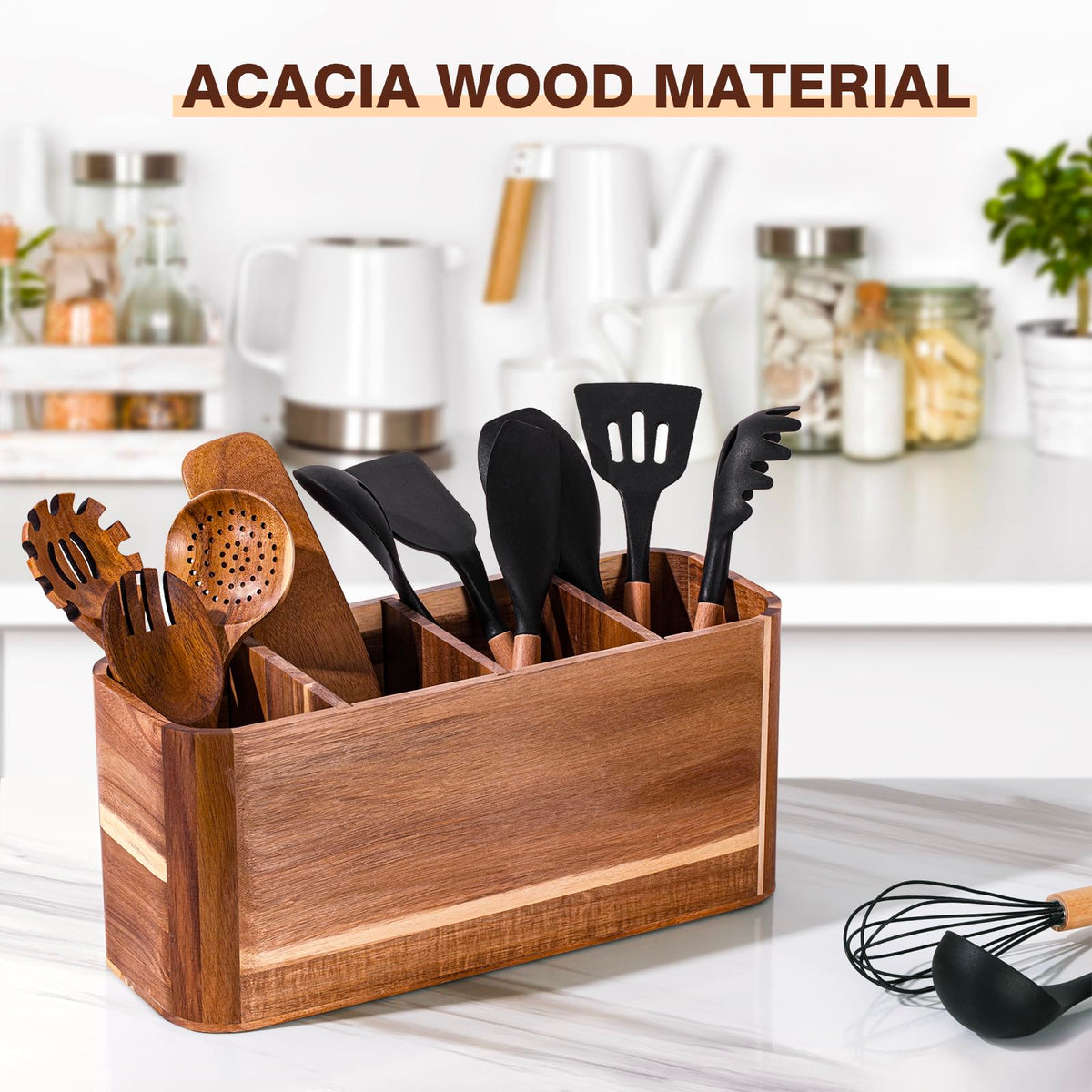 Utensil holder for Kitchen Counter - Large Kitchen Utensil Holder Organizer for Counter or Countertop, Large Wooden Utensil Holder with 4 Compartment（Acacia Wood）
