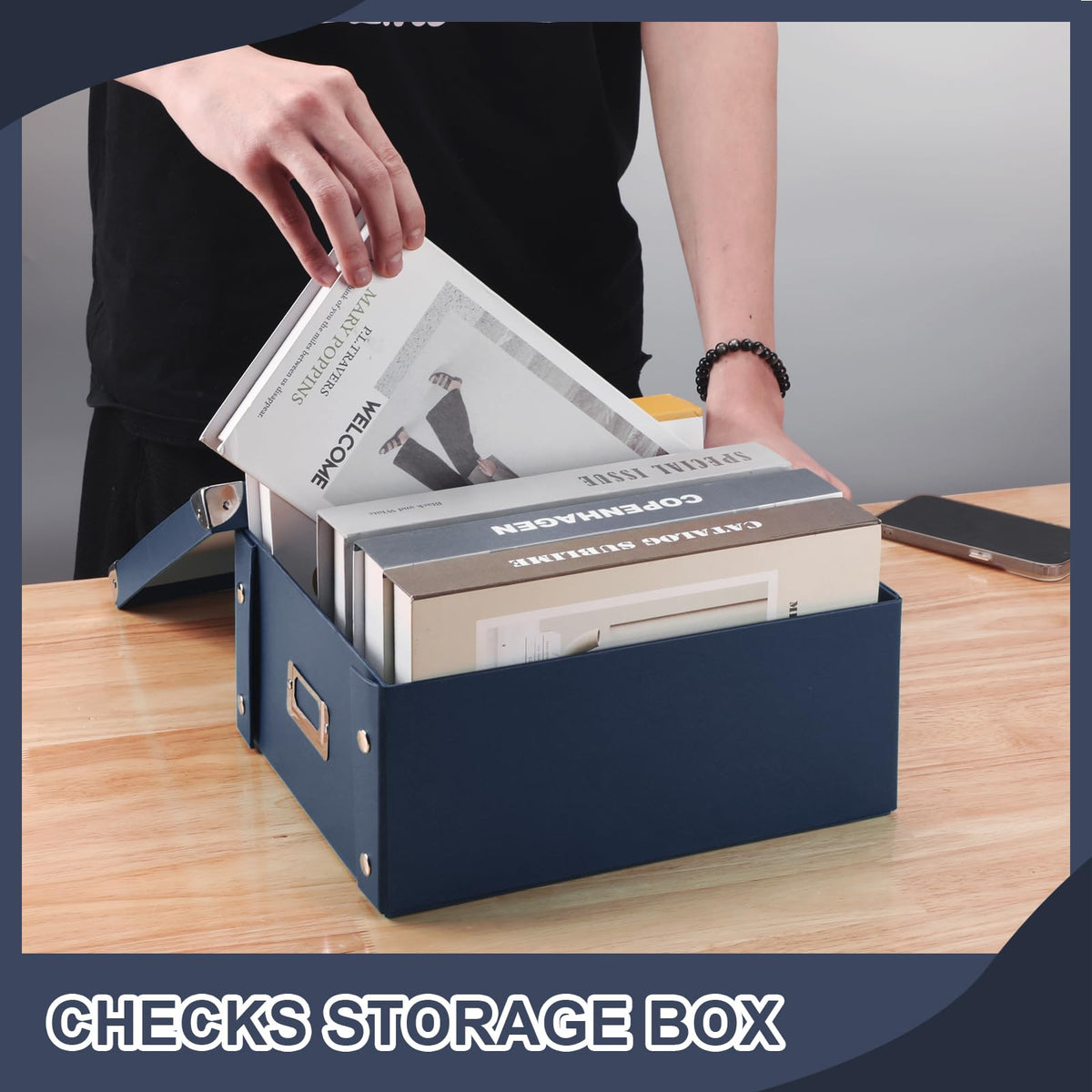 DLUGOPIS Checks Storage Box with Lid Document Boxes Banker Boxes Document Bin Foldable Cardboard Record Boxes For Business Pesonal Orangize Files 12"x10"x5"(Navy Blue, 1 pcs)