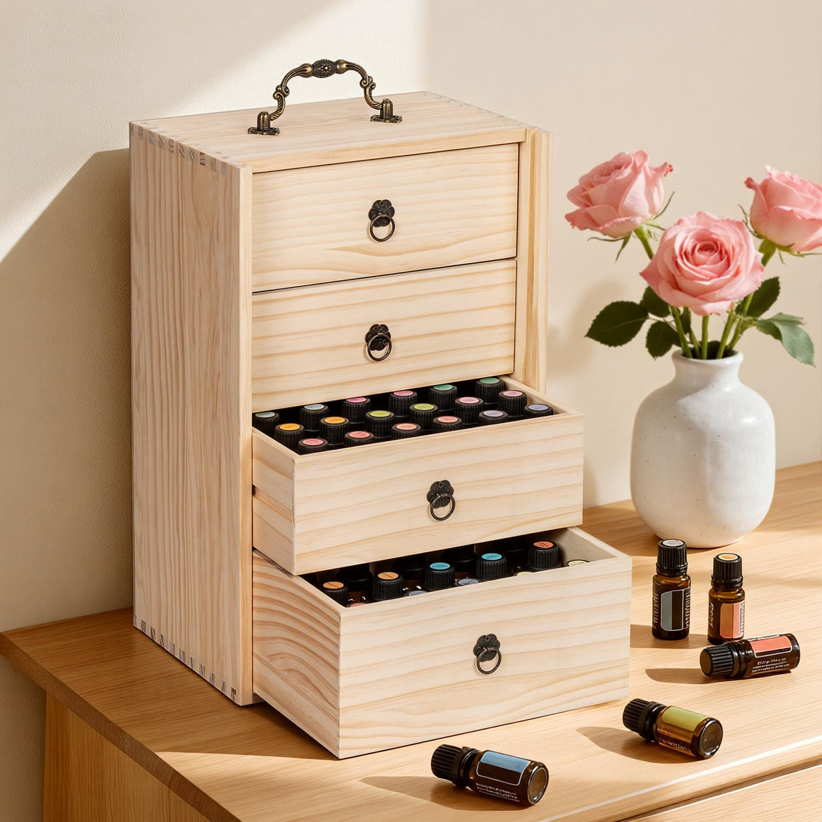 TORIBIO Essential Oil Storage Box for 96 Bottles, Wooden Essential Oils Holder Organizer Holds 5-30ml for Young Living & Doterra Bottles