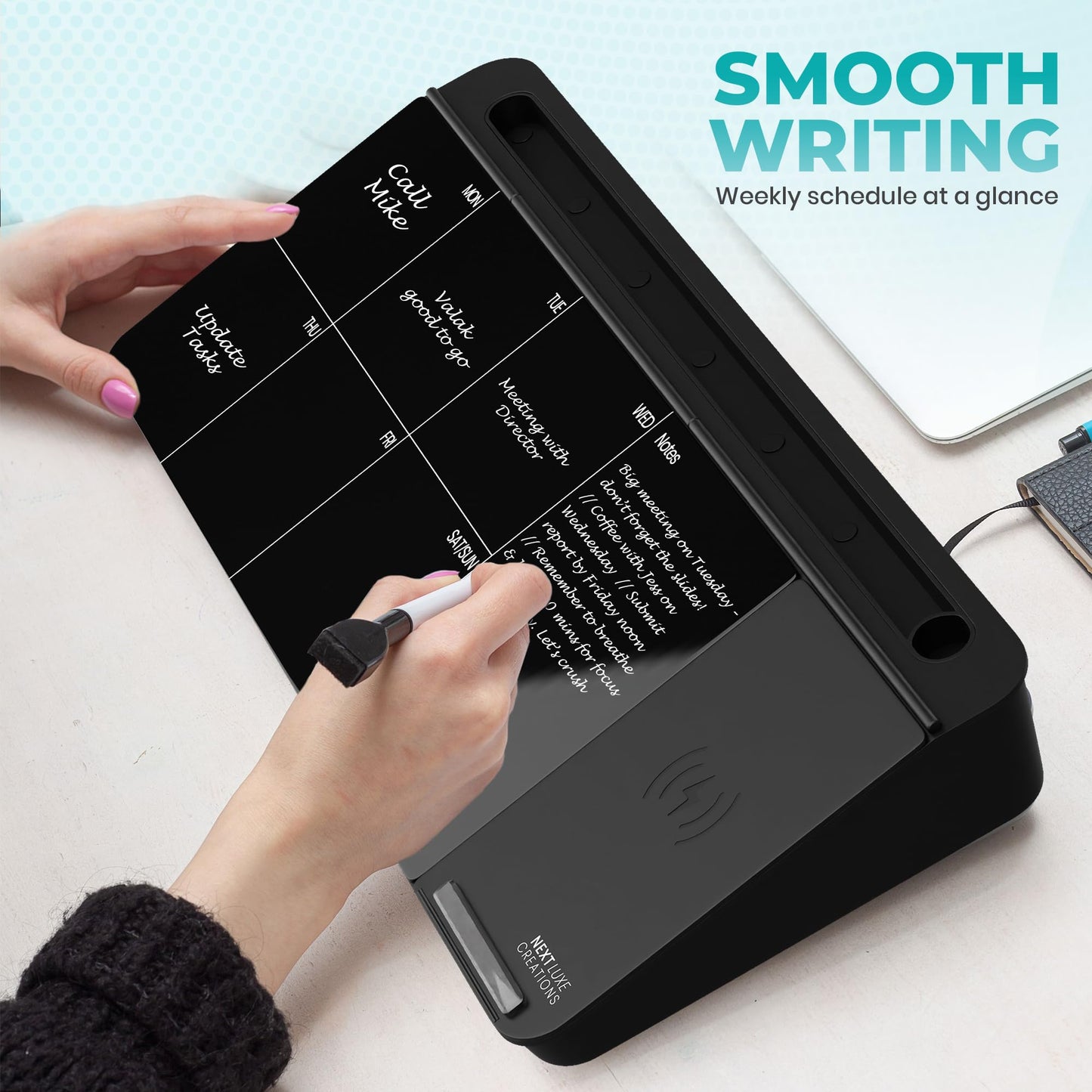 NEXTLUXE Glass Desk Whiteboard with Wireless Charger - Desktop Whiteboard with Storage, Weekly Planner, Dry Erase Pad, Organizer Drawer for Home, School, Office Gadgets – Black (Black)