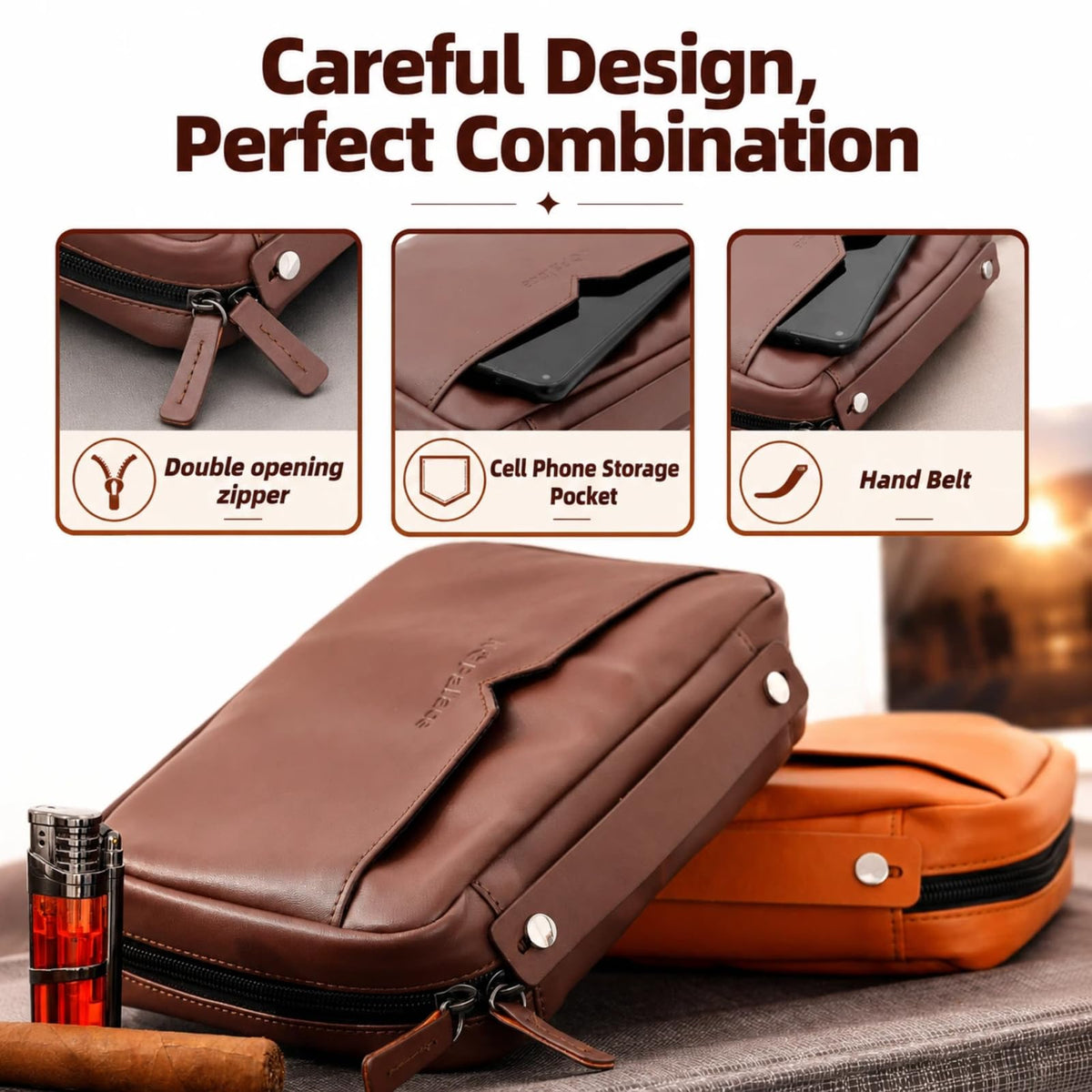 King's palace Portable Cigar Humidor & Leather Travel Cigar Case, with 5-Cigar Holder, 3 Accessory Pockets, 3 Credit Card Slots | Cigar Accessories Gift Set for Men