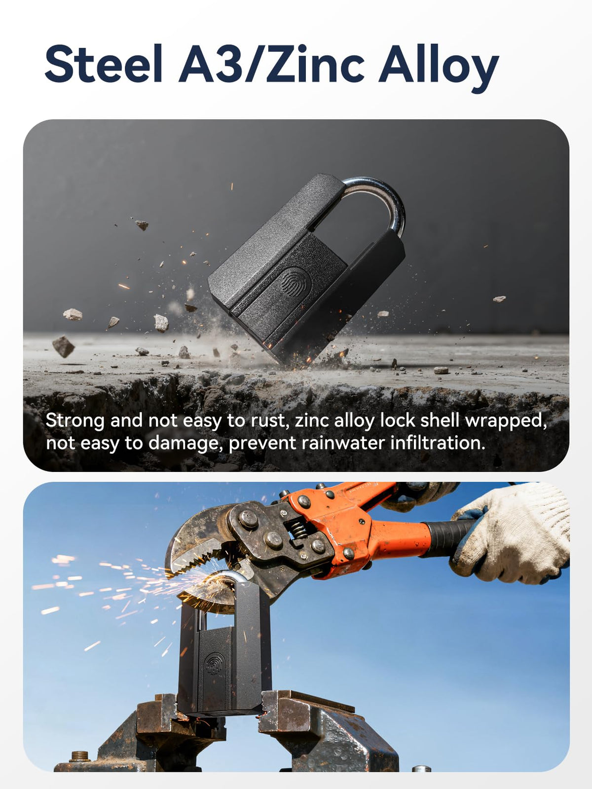 NexusLab Heavy Duty Smart Fingerprint Padlock with Key, IP67 Waterproof Bluetooth Outdoor Gate Lock, Anti-Theft App Control & Log Record, High Security Gym, Fence, Shed, Pool & Storage Unit Locks