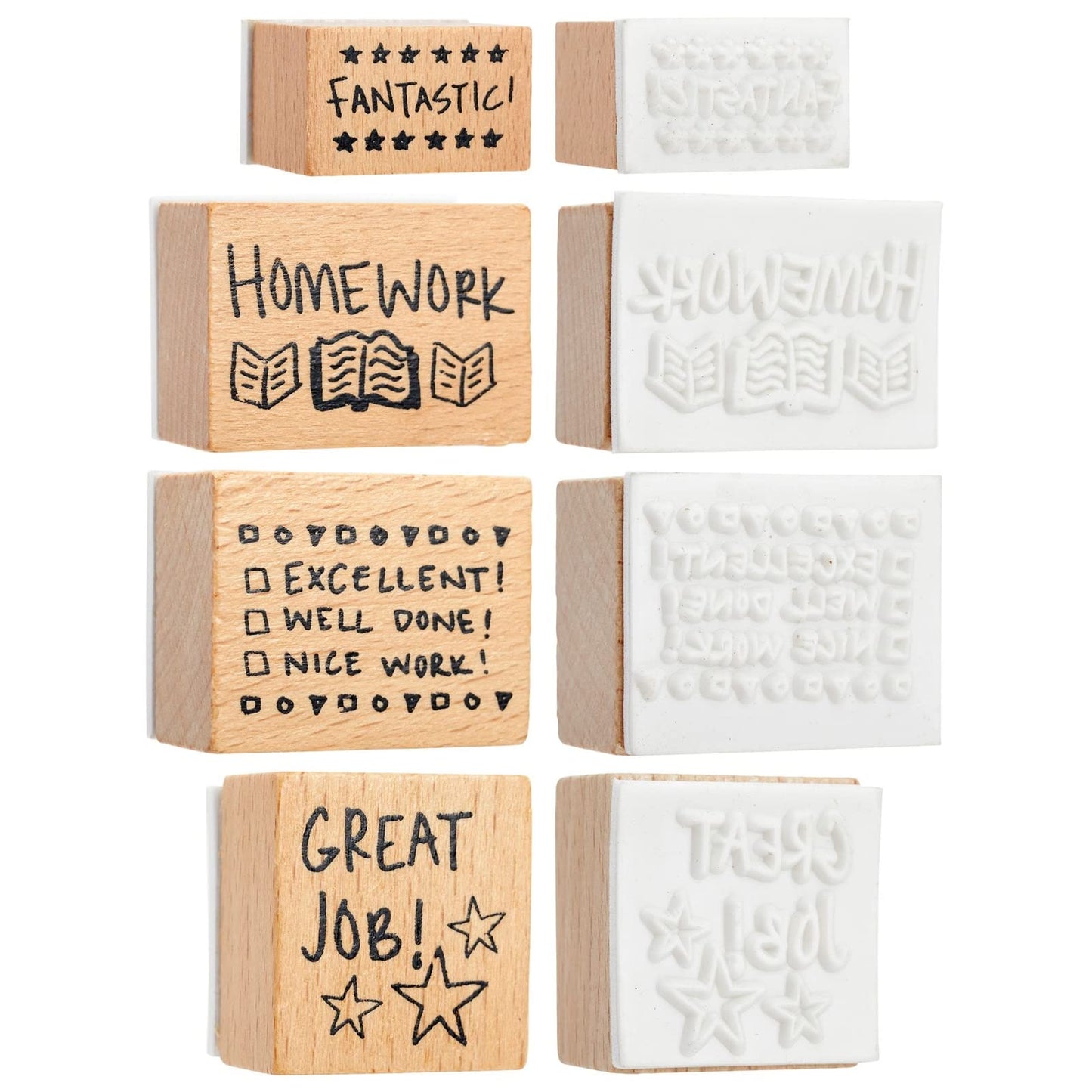 Blue Panda 9 Piece Set of Wooden Rubber Teacher Stamps - Classroom Supplies for Grading Homework and Teacher Supplies (Assorted Sizes Rubber Stamps)