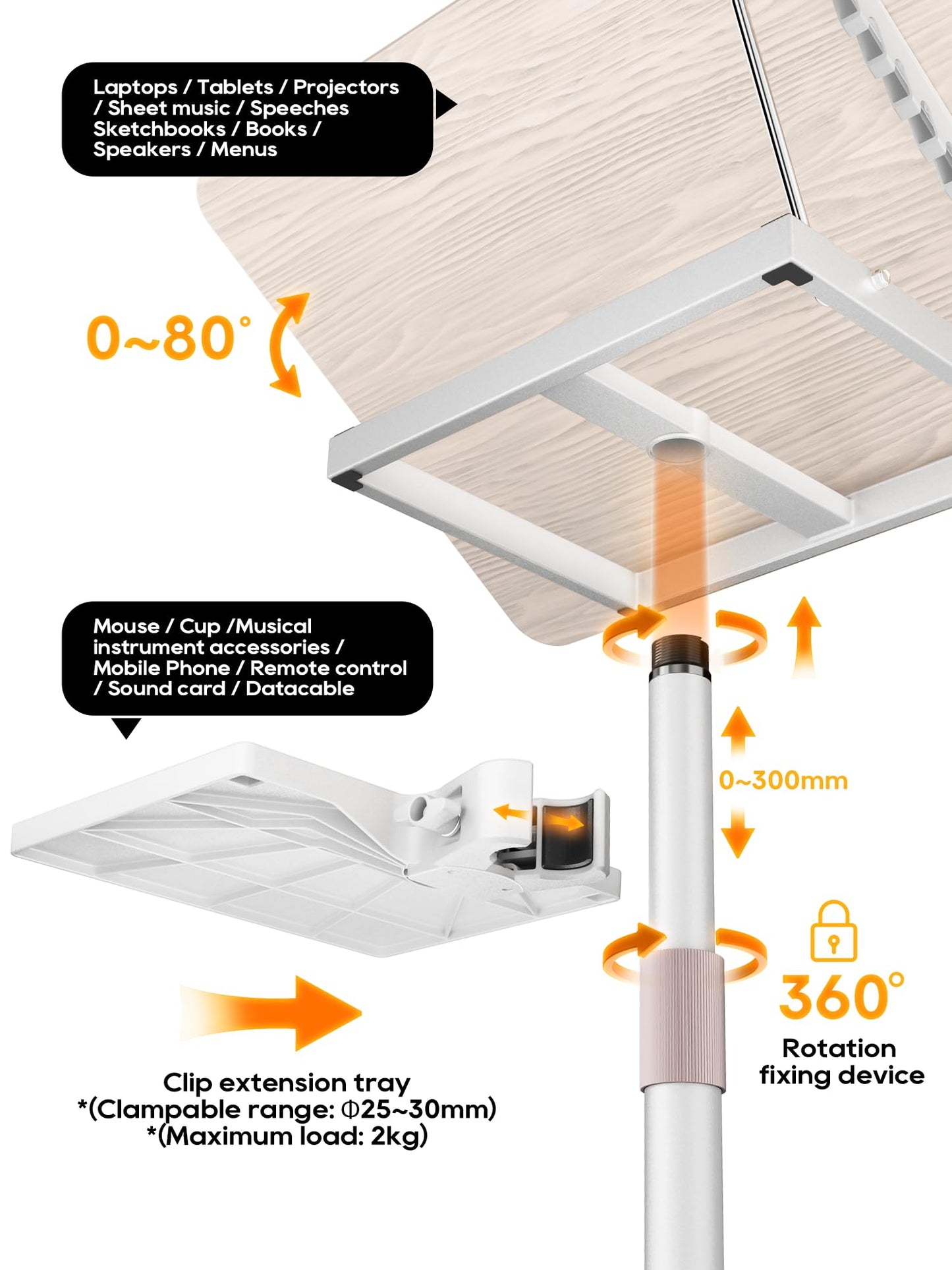 2 in 1 Adjustable Book Stand - Dual-Use Floor and Desktop Book Holder Stand, Height Adjustable 23.5-52 in, Elastic Page Clips for Music Sheet, Recipe, Tablet, Laptop-White