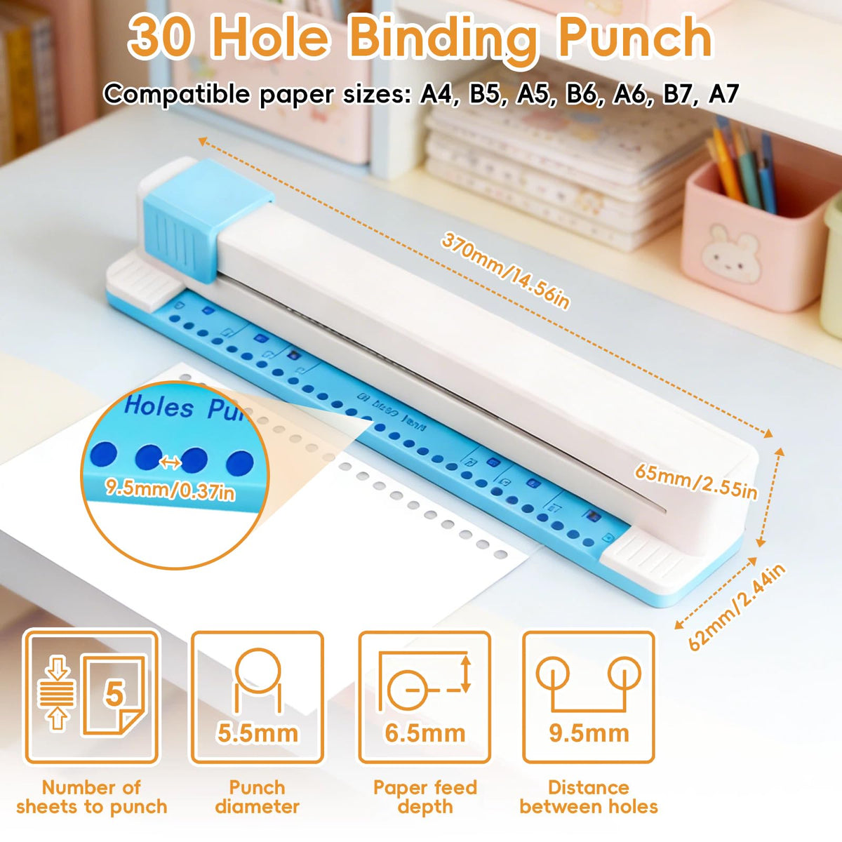 30 Hole Paper Punch, 1-Step Stamp-Shaped Binder Machine, Adjustable Stamp Paper Punch for A4 A5 A6 A7 B5 B6 B7 Notebooks, Planner Binding Machine, 5-Sheet Capacity Stamp Hole Puncher for School Office