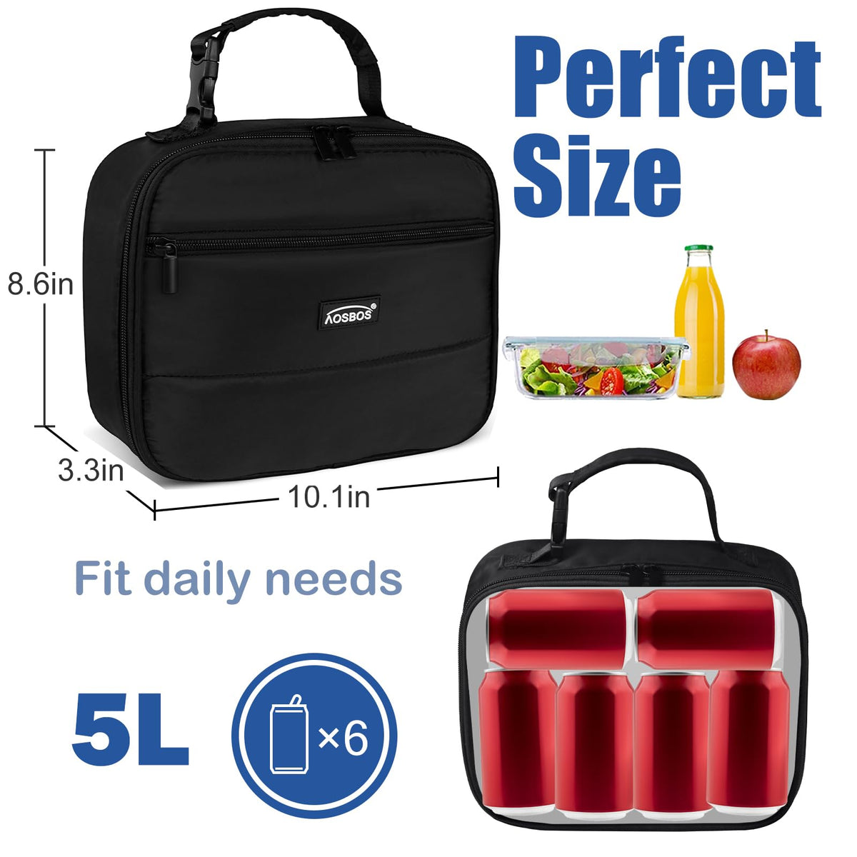 Aosbos Insulated Lunch Bag for Adults - Sleek Quilted Small Lunch Box Cooler for Work, Office - Soft, Portable Lunch Tote, Black