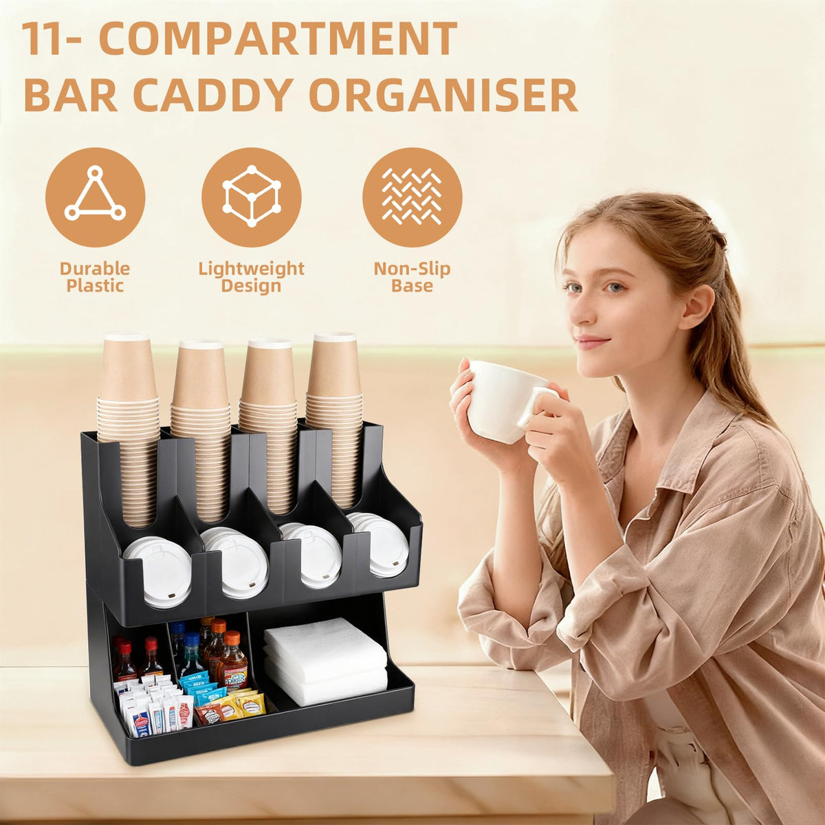 WELKOR Commercial Cup and Lid Holder with Straw Organizer,Disposable Coffee Cup Condiment Dispenser for Countertop Org, Coffee Bar, Beverage Cup, Kitchen, Breakroom (11 Compartment Upright)