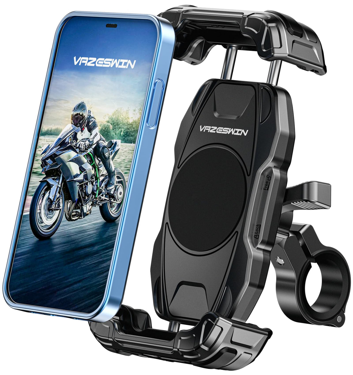 VAZESWIN Motorcycle Phone Mount [Secure Lock] One-Handed Operation Motorcycle Cellphone Holder, Bicycle Scooter Handlebar Clamp, Bike Phone Mount with Aluminum Alloy Base Fit for 5.4"-7.2" Smartphone
