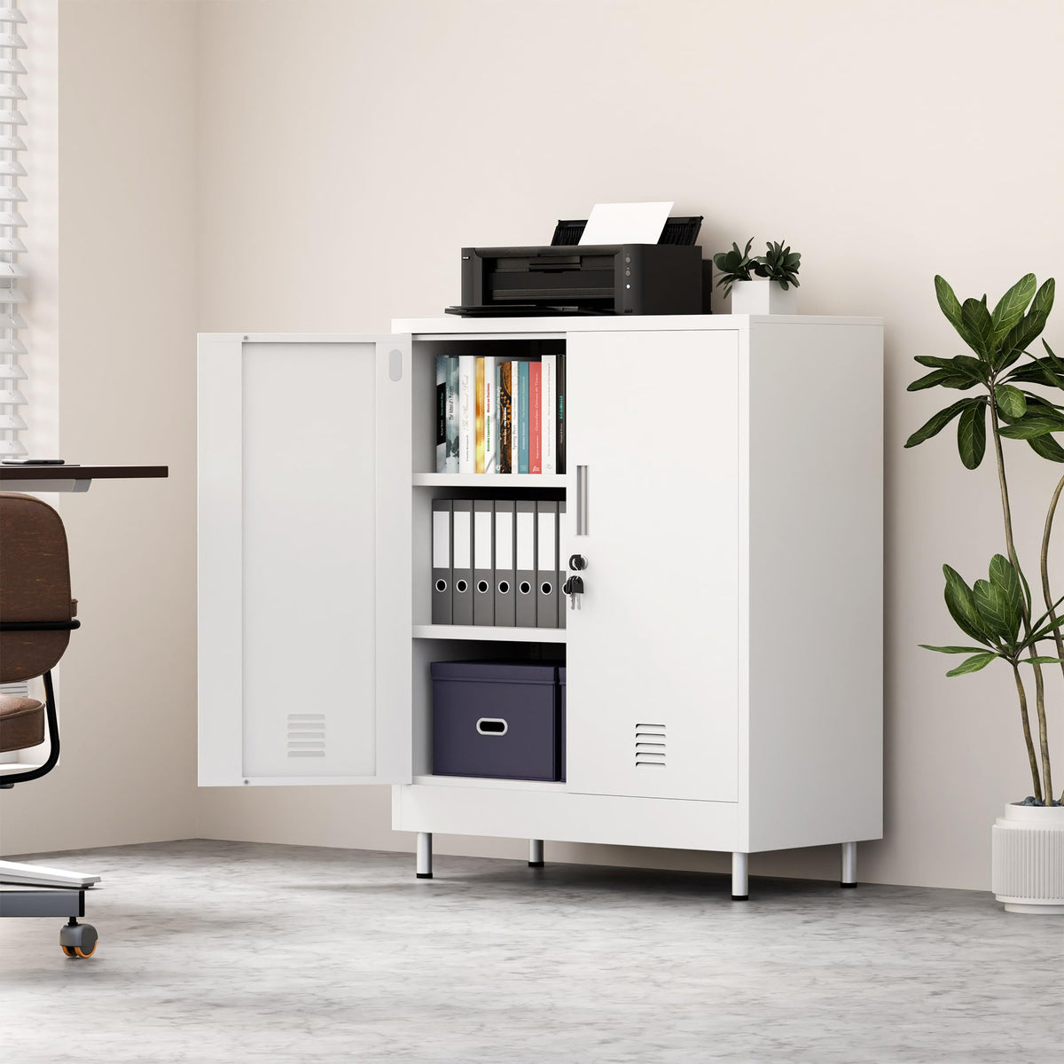 JINGUR Metal Storage Cabinet with Locking Doors and 2 Adjustable Shelves, Lockable Storage Cabinet for Home Office Garage Pantry Living Room (White)