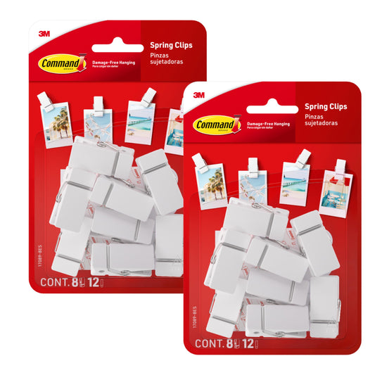 Command Spring Clips 2-Pack (16 Clips + 24 Adhesive Strips), White – Damage-Free Hanging of Photos, Notes, Lightweight Decorations, and Office Organization – No Tools Required