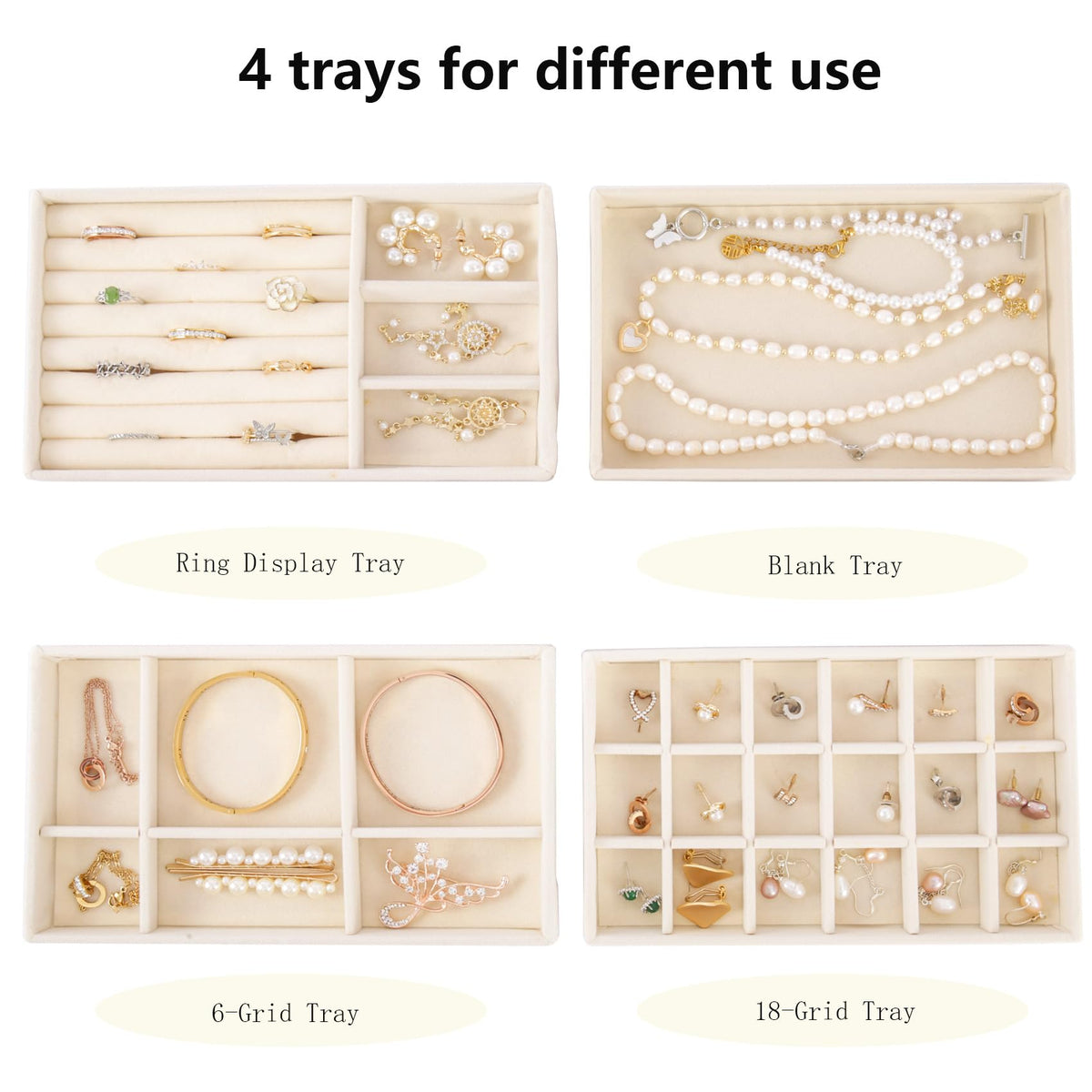 AIRZSNRY Velvet Jewelry Organizer for Drawer, Stackable Jewelry Drawer Inserts in Dresser, 8in Beige Storage Display Case for Rings Stud Necklaces Accessories, Set of 12