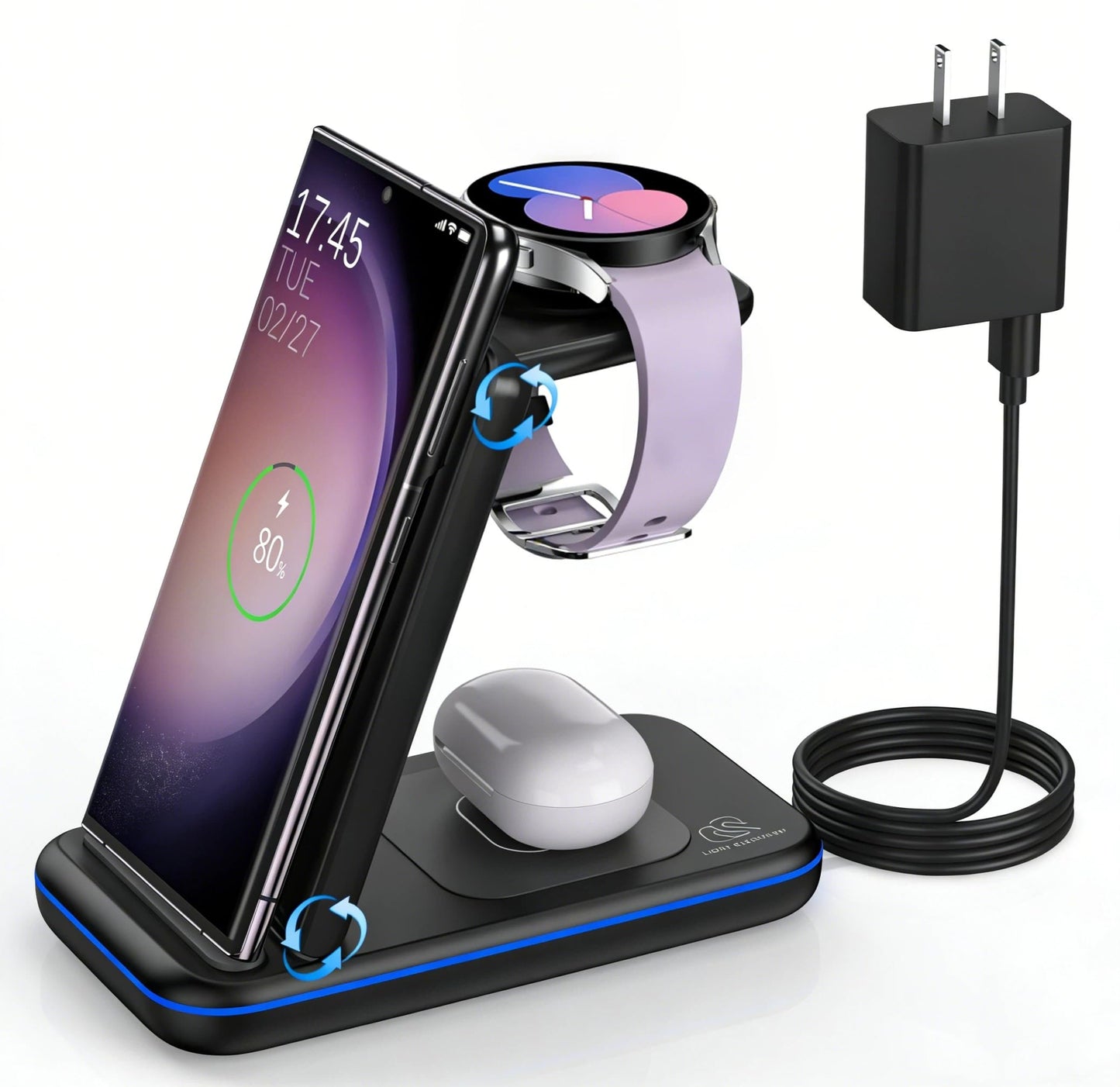 Wireless Charging Station for Samsung/Android, Fast Wireless Watch Charger Station Compatible for Samsung Galaxy S25 Ultra/S24/S23+/Z Flip 7/6 Fold 7/6, Watch8/7/Pro/Active 2 Galaxy Buds3/2 Pro(Black)