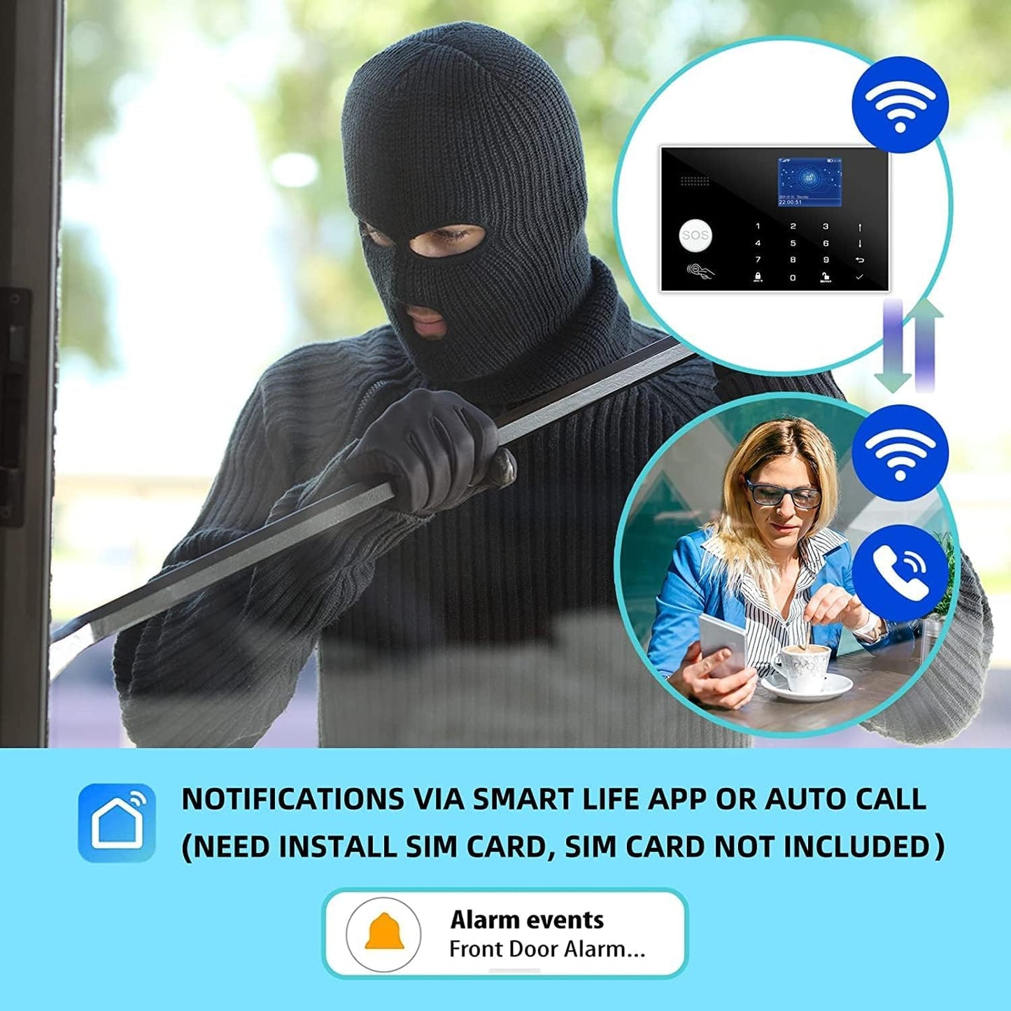 WiFi and 3/4G GSM Home Burglar Security Alarm System Auto Dial with Smart Life and Tuya App Alert, Works with Google Assistant and Alexa