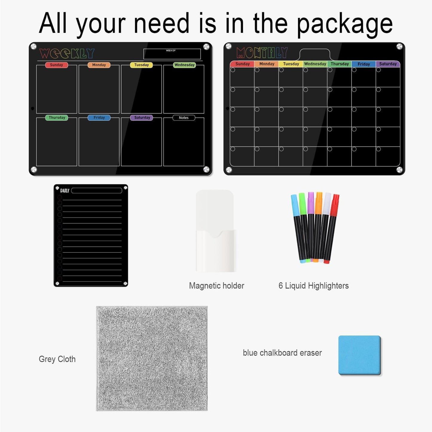 Hivillexun 16.5"x12" Clear Acrylic Magnetic Dry Erase Board with Monthly & Weekly Planner and Daily Notepads, 6 Markers & Large Eraser for Refrigerator Organization (Blcak)