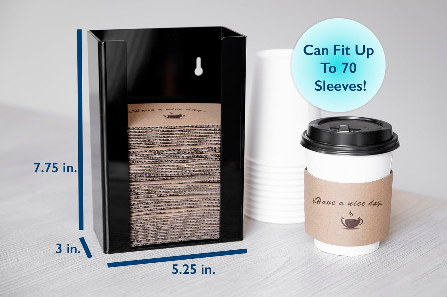 Inevibe Coffee Cup Sleeve Holder - Hot Collar Jacket Organizer for Bulk Storage, Black Vertical Dispenser for Coffee Clutches at Home or Restaurant, Countertop or Wall Mount