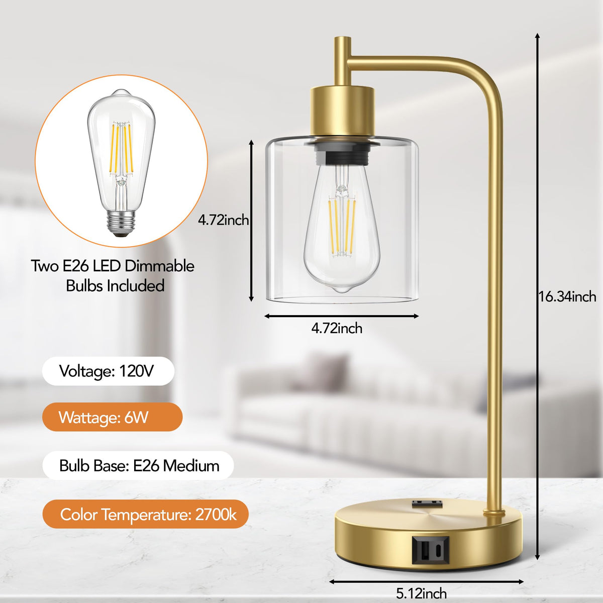 QiMH Set of 2 Industrial Touch Control Table Lamps with 2 USB Ports and 2 AC Outlets, 3-Way Dimmable Bedside Nightstand Reading Lamps with 2700K LED Bulbs, Glass Desk Lamp for Living Room,Bedroom