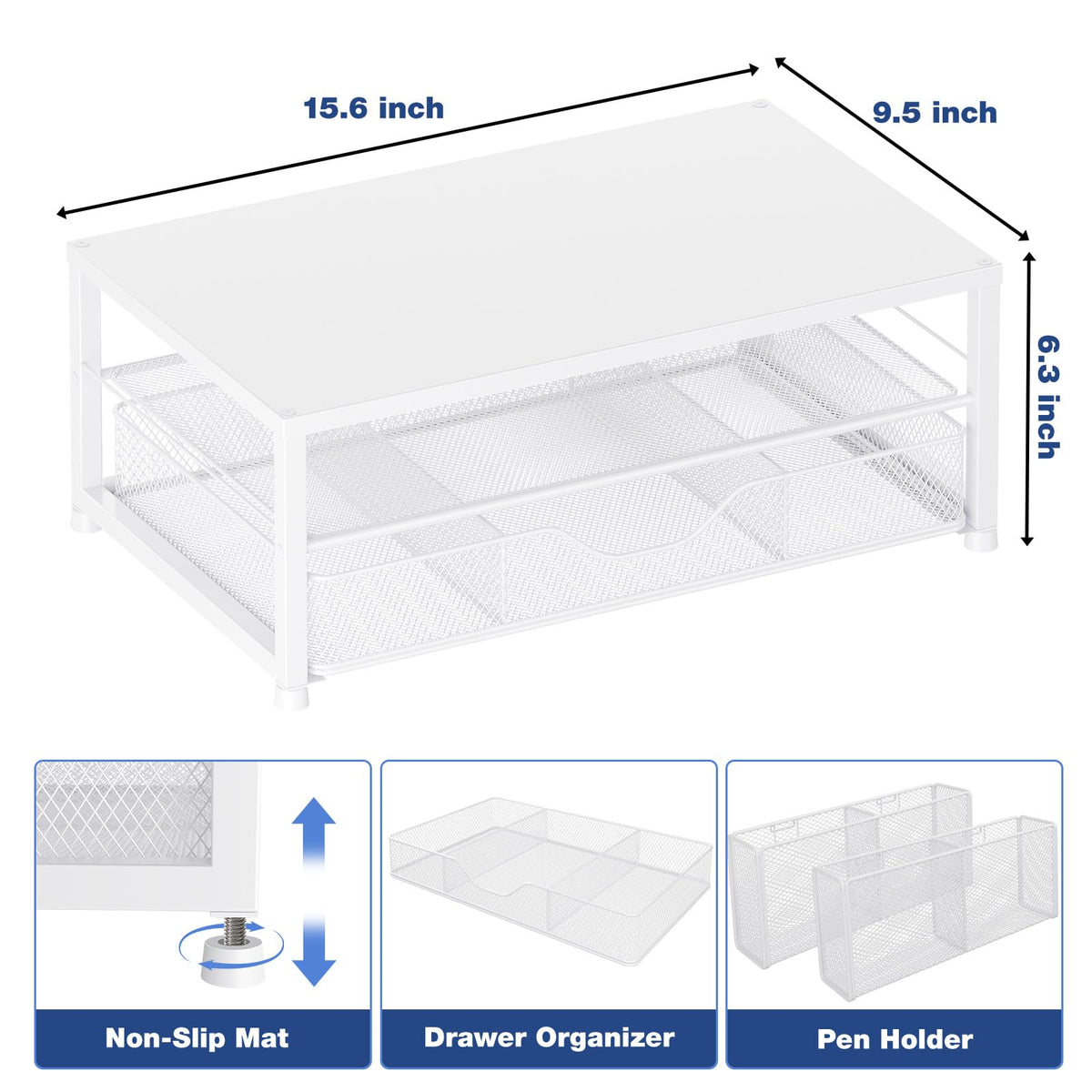 OPNICE Desk Organizers and Accessories, 2-Tier Computer Monitor Stand Riser with Drawer and 2 Pen Holders, Laptop Stand, Office Desk Accessories for Office Supplies, White