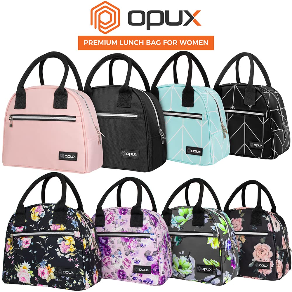 opux Insulated Lunch Box for Women, Reusable Lunch Bag Tote for Work, Girls, School, Soft Cooler Cute Lunchbox Thermal Meal Prep Organizer, Black