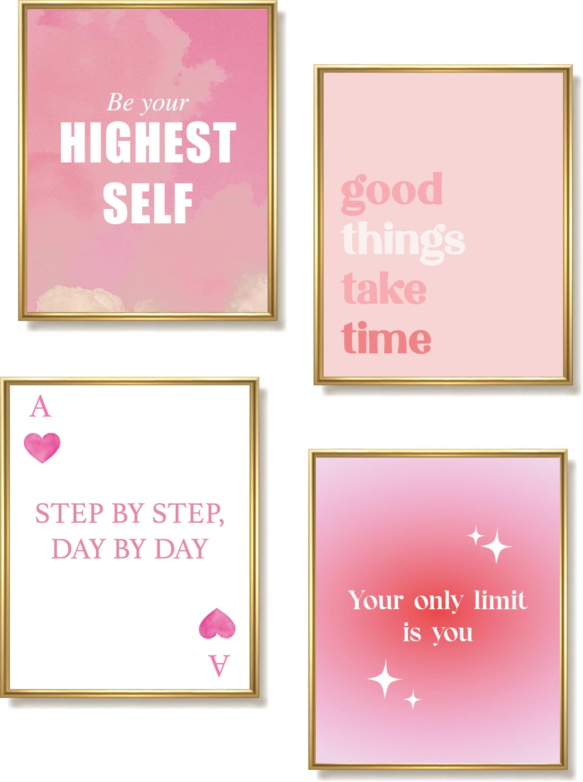 ImpressedCo Motivational Wall Art for Women - 4 Pcs Set Pink Aesthetic 8"x10" Poster Prints - Home Office Desk Inspirational Wall Decor Pictures for Adults Teens & Kids - Positive Mindset Affirmations Quotes Artwork for Bedroom (UNFRAMED)
