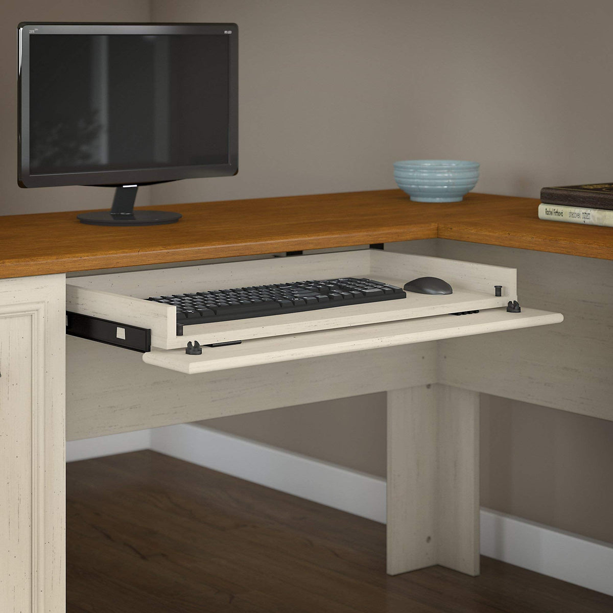 Bush Home Fairview 60W L Shaped Desk with Hutch, Lateral File Cabinet and 5 Shelf Bookcase in Antique White and Tea Maple