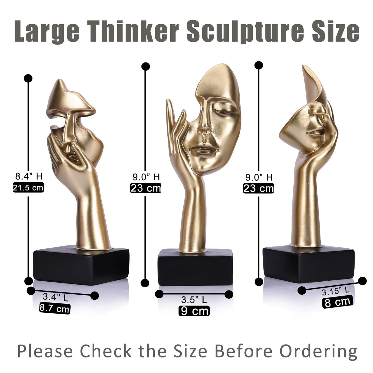 oliruim 3 Pcs Thinker Large Statue Set - Black Glod Art Abstract Home Accent Figurines for Living Room, Bedroom, Shelves, Office Desktop, Coffee Table Decor, Gift for Women (3 Pcs Black Glod, 9")