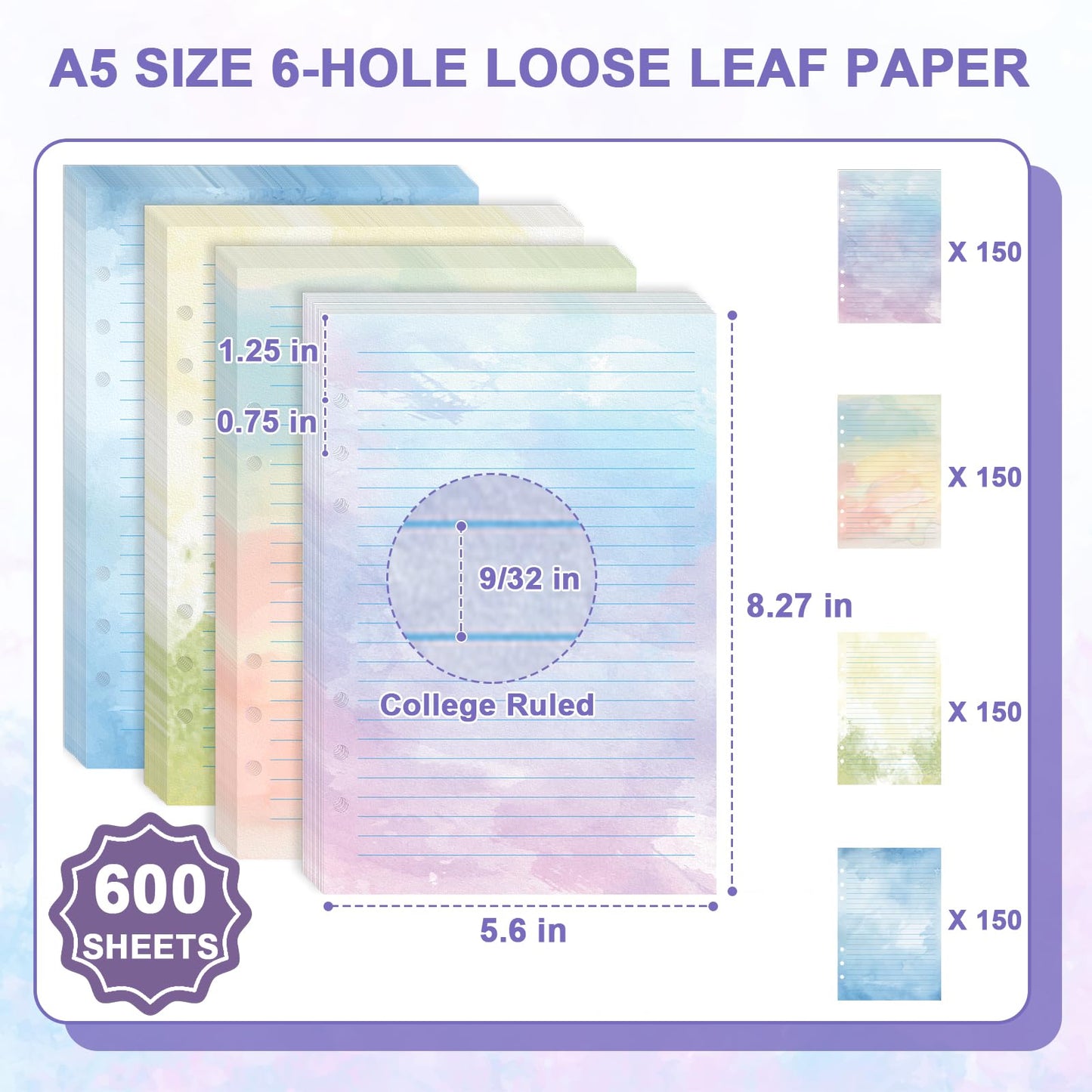 600 Sheet Watercolor A5 Refill Paper for Planner Inserts 6-Hole Loose Leaf Lined Filler Paper A5 Refillable Notebook Planner Accessories 100GSM for 6 Ring Binder Budget Planner Journal 5.6" x 8.2"