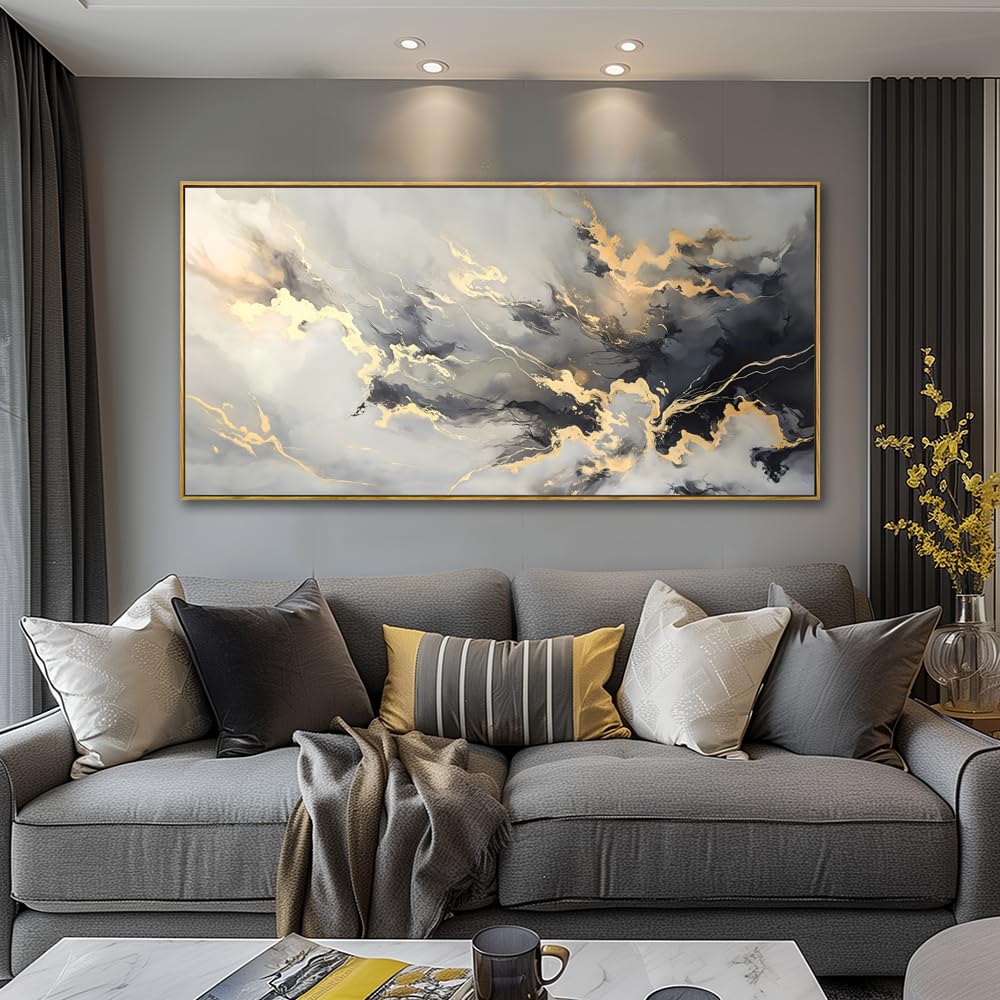 youkuart Wall Art Abstract Artwork Fluid Lines Marble Art Black and Gold Canvas Prints for Living Room Bedroom Dining Room Home Office Decor Large Framed Ready to Hang 20"x40"