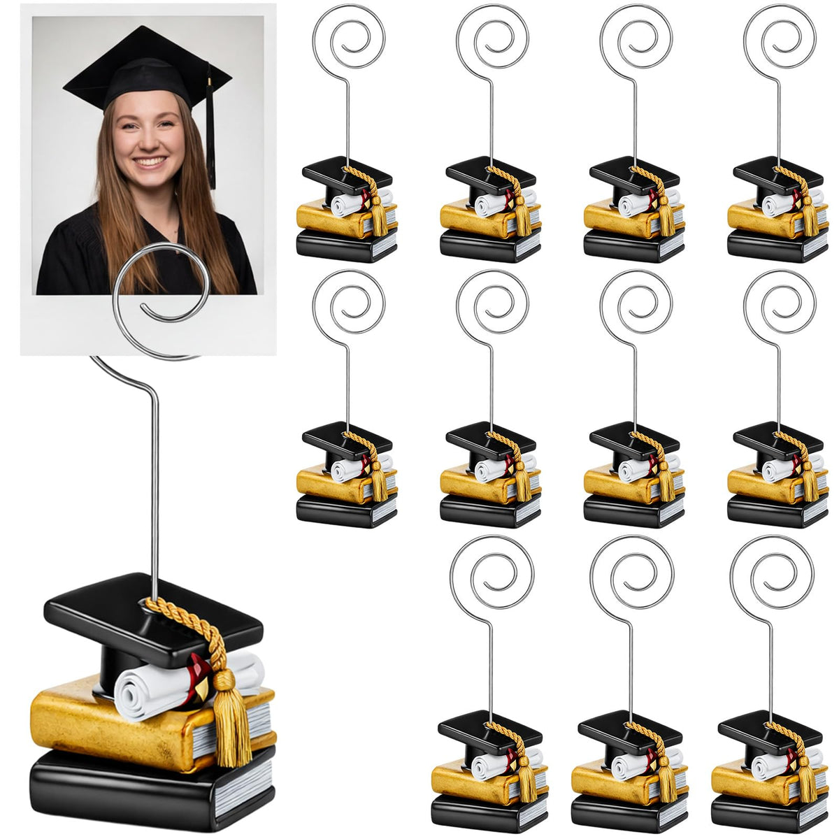 Glenmal 12 Pcs Grad Cap Picture Holders 4.53 Inches Resin Metal Graduation Picture Holders for Tables Centerpieces Grad Cap Photo Table Number Card Stands for Class of 2026 Graduation Party Supplies