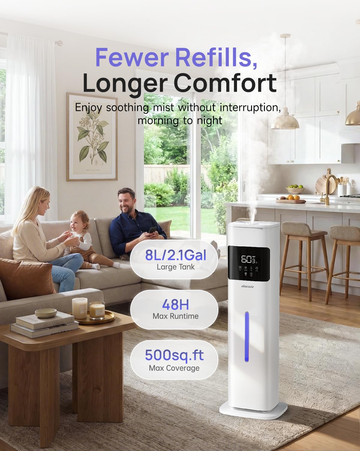 Akacozie Humidifier Large Room, 2.1Gal/8L Cool Mist Humidifiers for Bedroom 500 sq ft, Humidifiers for Home with Essential Oil Diffuser, Top Fill Quiet Humidifier for Baby Nursery Office Plants, White